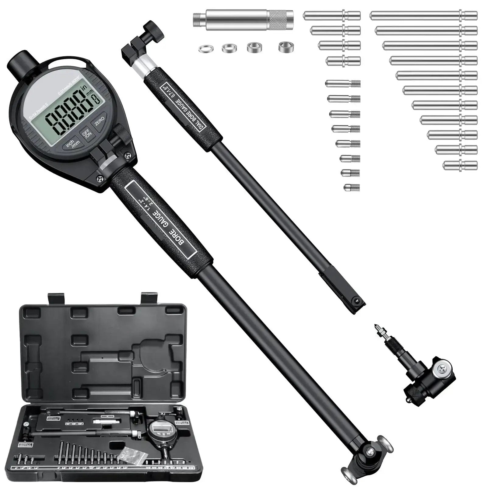 Digital Bore Gauge Set With LCD Dial Indicator For Engines, 6 Inch Depth, Measuring Range 0.7 To 6 Inches, 0.0005 Inch Precision, 23 Anvils, Pro Grade Ultra Precise Engine Cylinder Measurement Tool For Pros shown with components