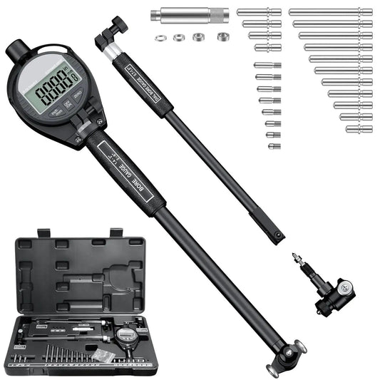 Digital Bore Gauge Set With LCD Dial Indicator For Engines, 6 Inch Depth, Measuring Range 0.7 To 6 Inches, 0.0005 Inch Precision, 23 Anvils, Pro Grade Ultra Precise Engine Cylinder Measurement Tool For Pros shown with components