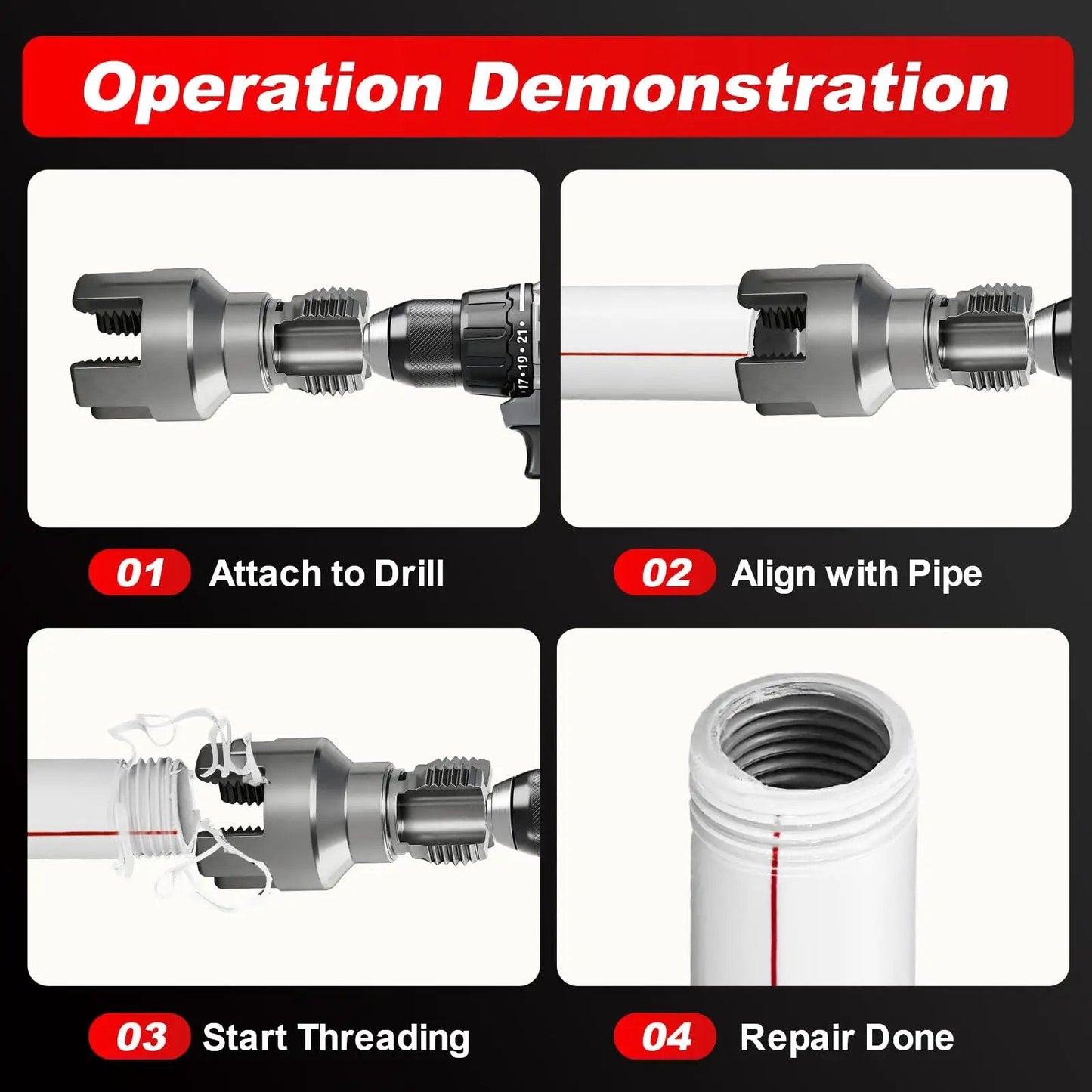 Two Piece Pipe Threading Tool Kit For Water Pipes With Half Inch And Three Quarter Inch Internal And External Threaders Alloy Steel Construction Drill Compatible Grab And Go DIY Plumbing Solution For Home And Pro Projects demonstration of threading process