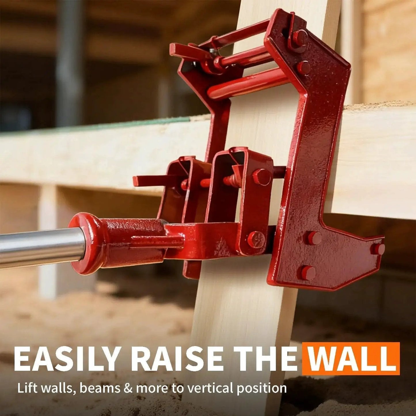 Solo Framing Wall Jack Lifts 1000 Lb Beams With Fir Poles Or Steel Pipe shown lifting wood beam in construction setting