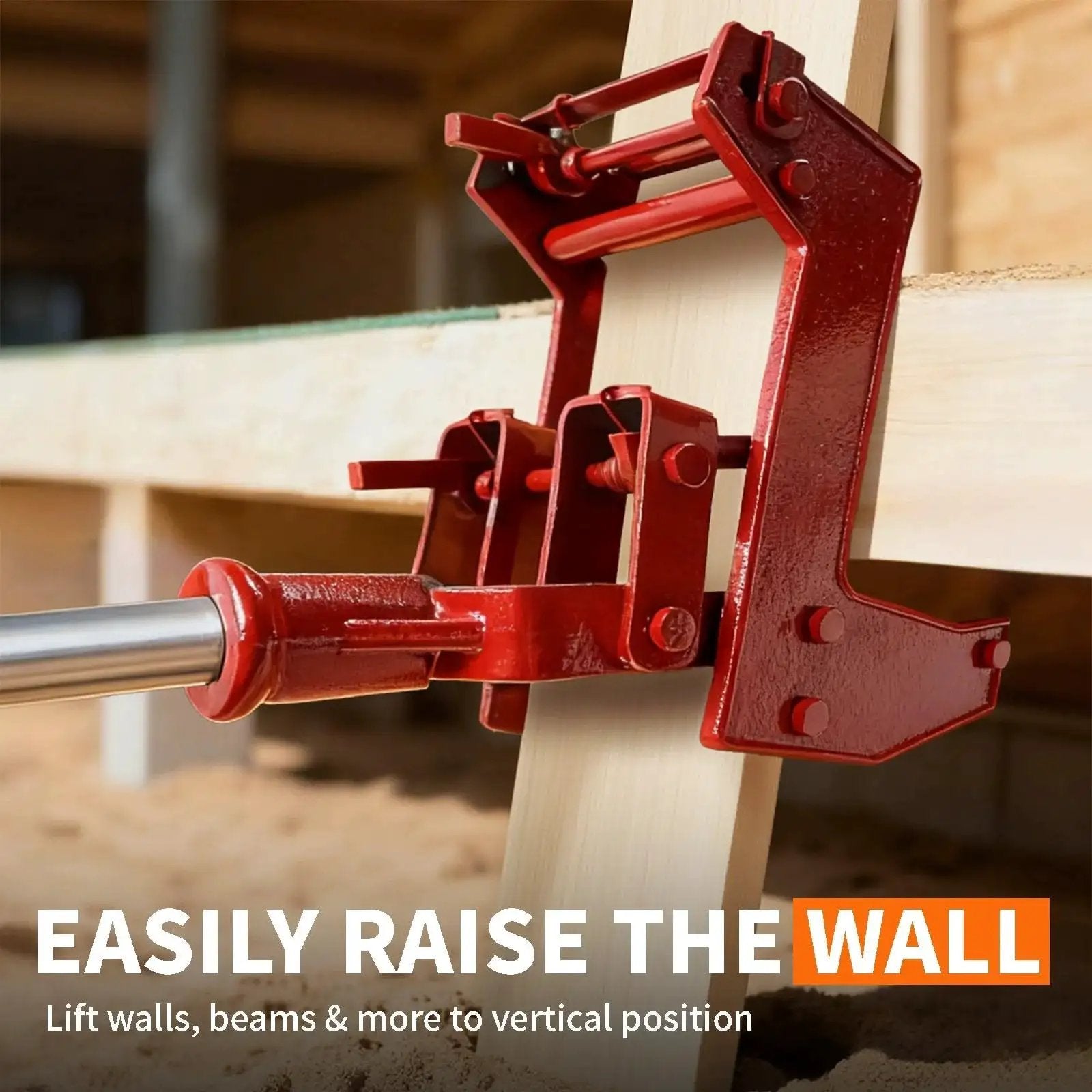 Solo Framing Wall Jack Lifts 1000 Lb Beams With Fir Poles Or Steel Pipe shown lifting wood beam in construction setting