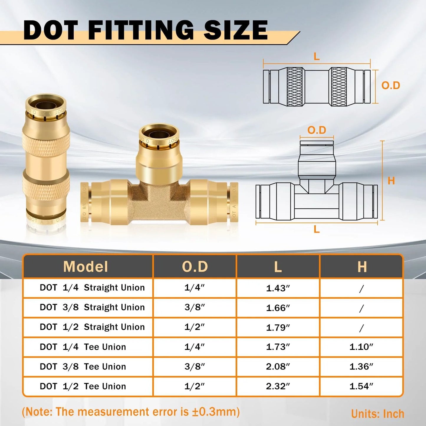 Diagram of brass DOT air line fittings and their sizes, featuring a 1/2 inch tee union and 3/8 inch straight union.