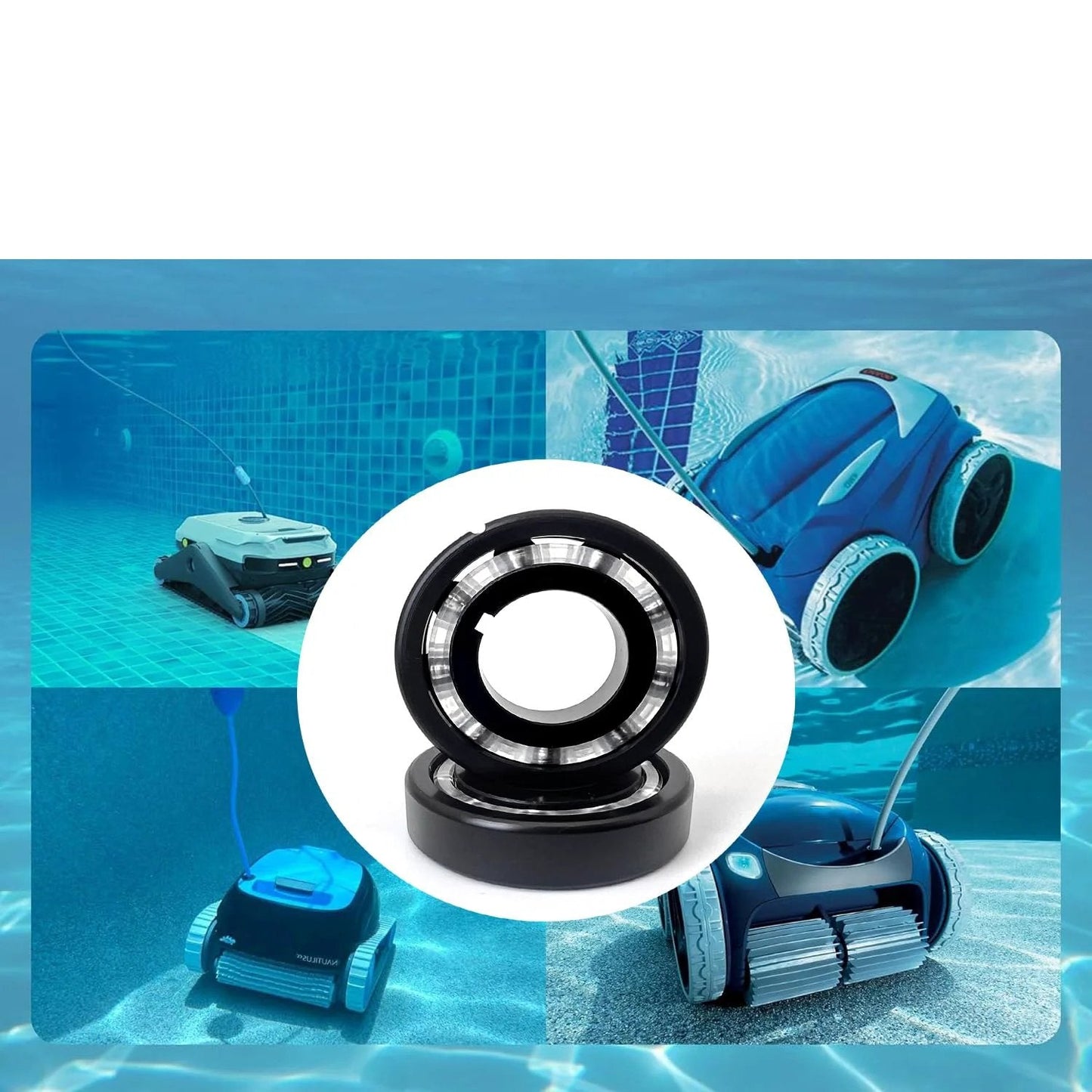 AXV055P Turbine Bearing Replacement Parts 4 Pack for Pool Vacuum Cleaners shown with pool vacuums and close-up of bearing.