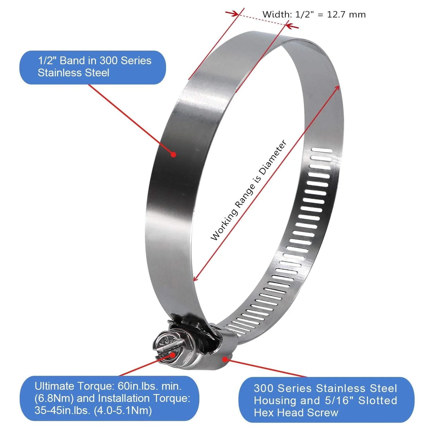 Durable 3.5 Inch Worm Gear Hose Clamp Set in Full Stainless Steel With SAE 56 Size Half Inch Band Width Working Range 78 To 102 Mm 10 Pack