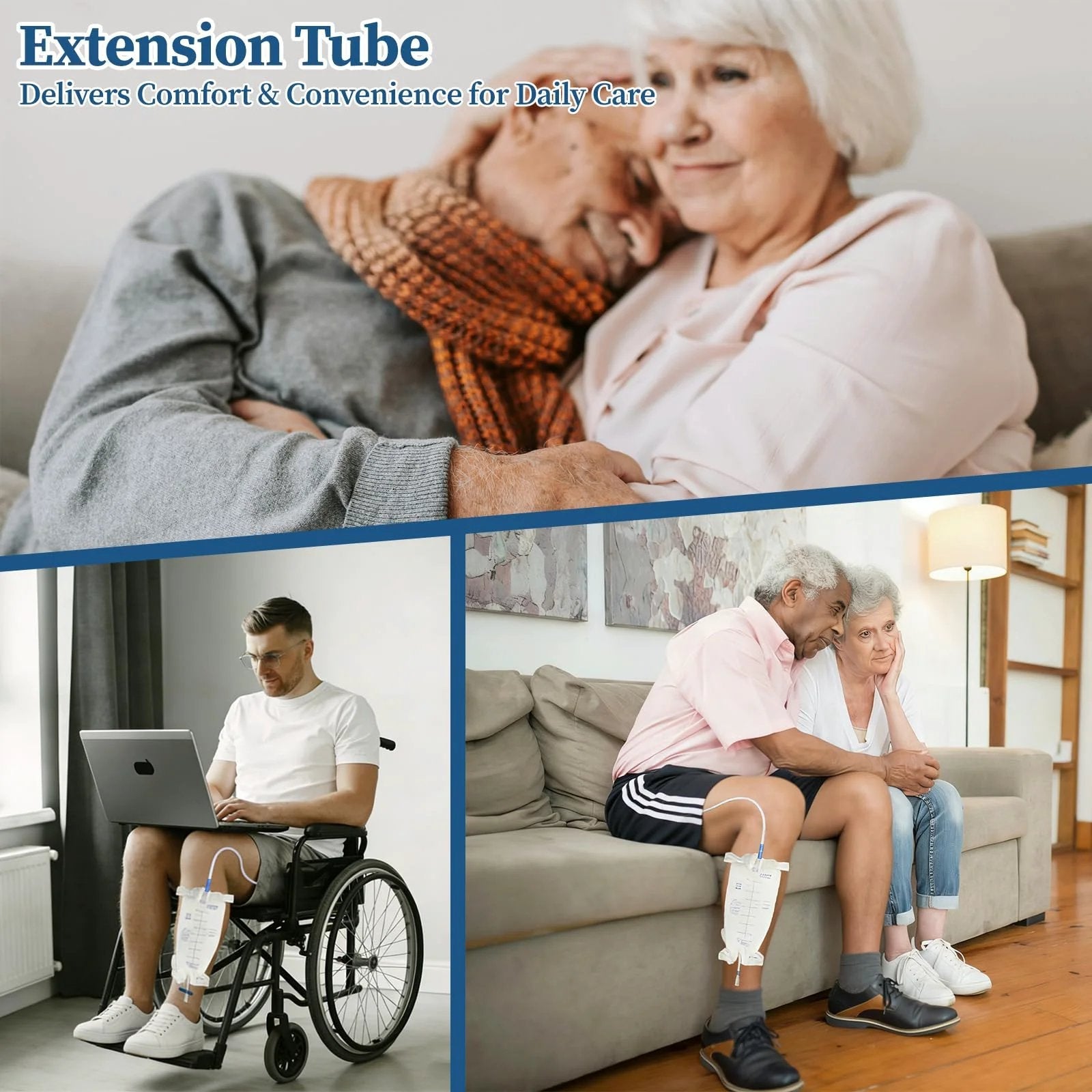 36 Inch Catheter Extension Tubing For Urinary Drainage Bags in use by elderly and disabled patients with leg bag systems.