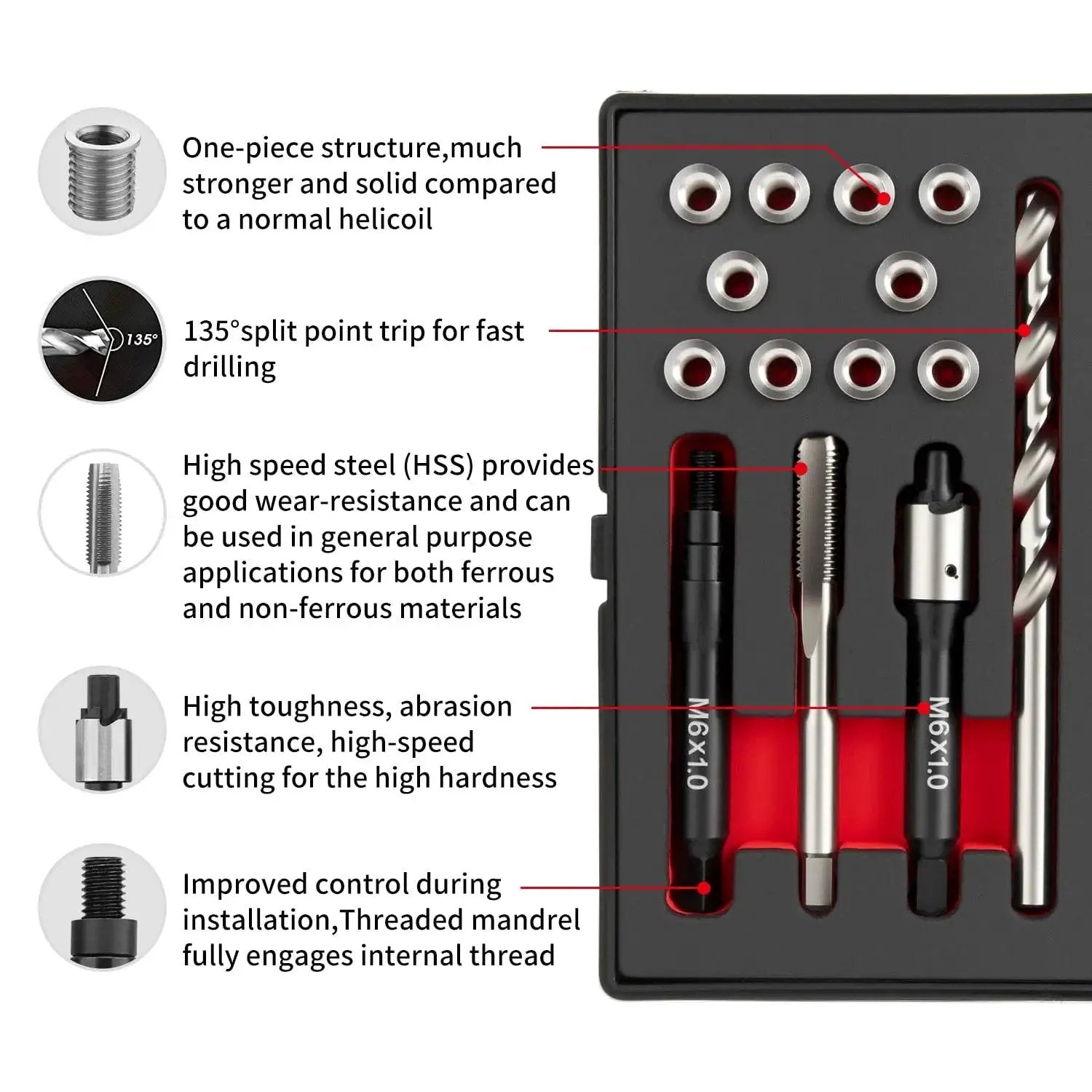 M6x1.0 Thread Repair Kit With 9.4mm Stainless Inserts Drill Tap Driver in packaging showing tools and inserts.