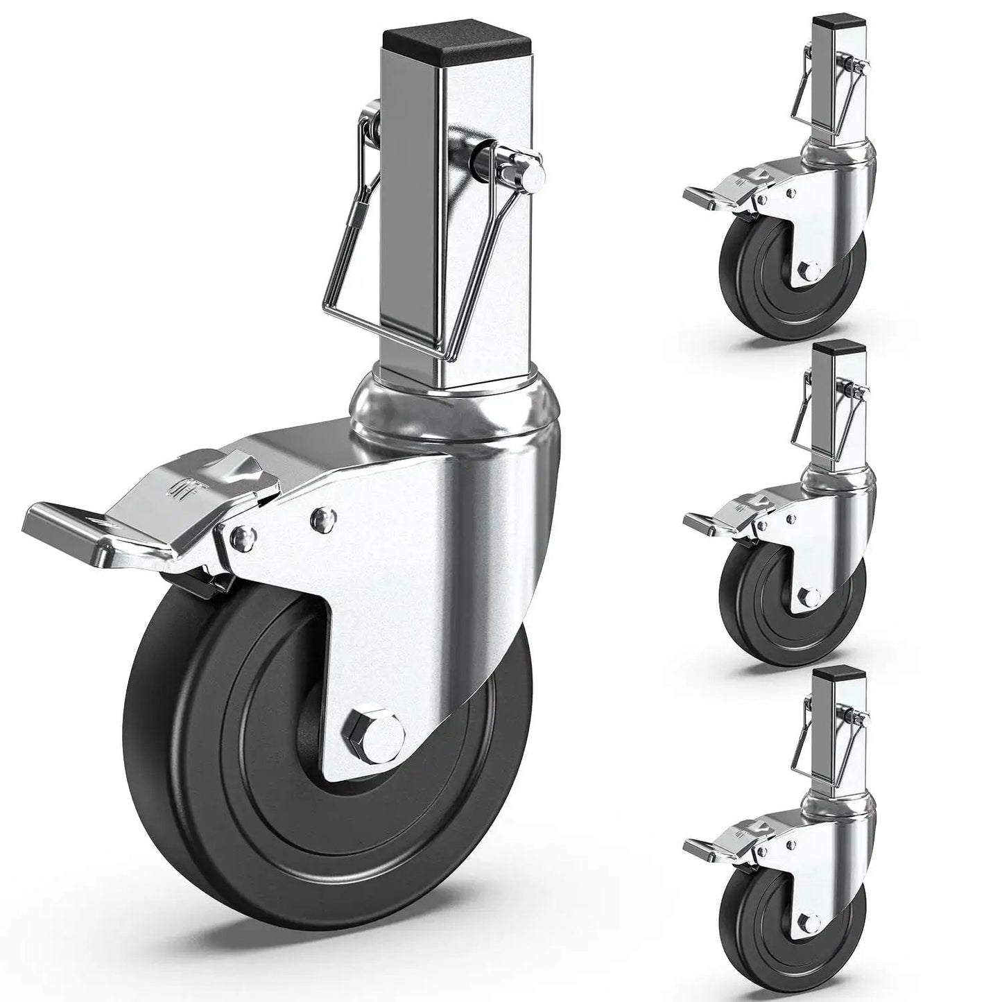 5 Inch Scaffolding Caster Wheels Set Of Four With Dual Locking Swivel Casters And One And A Quarter Inch Square Stem For Stainless Steel Scaffold Tubes Heavy Duty Replacement Castors 1190 Lb Load Capacity Industrial Grade