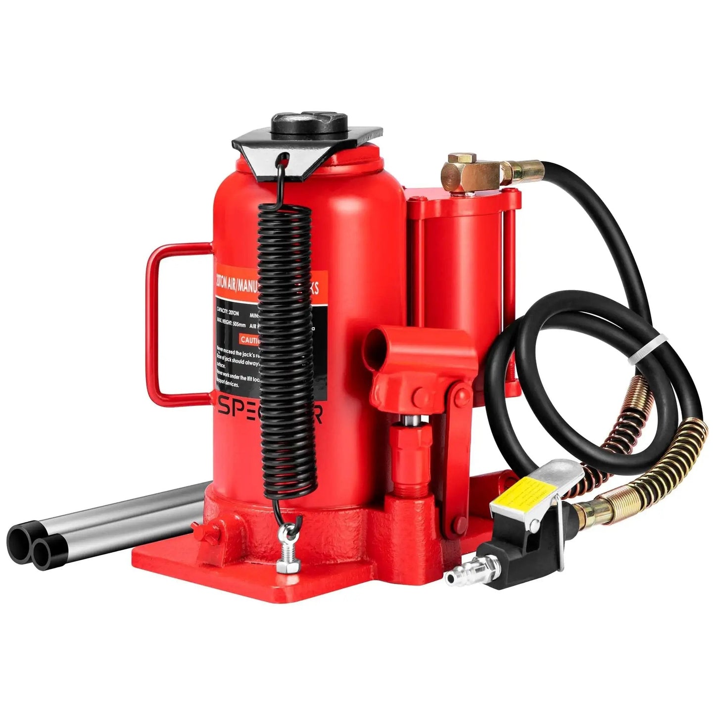 Side view of a 20 Ton Pneumatic Bottle Jack With Manual Pump For Auto Truck And Trailer, showing hoses and safety valve.