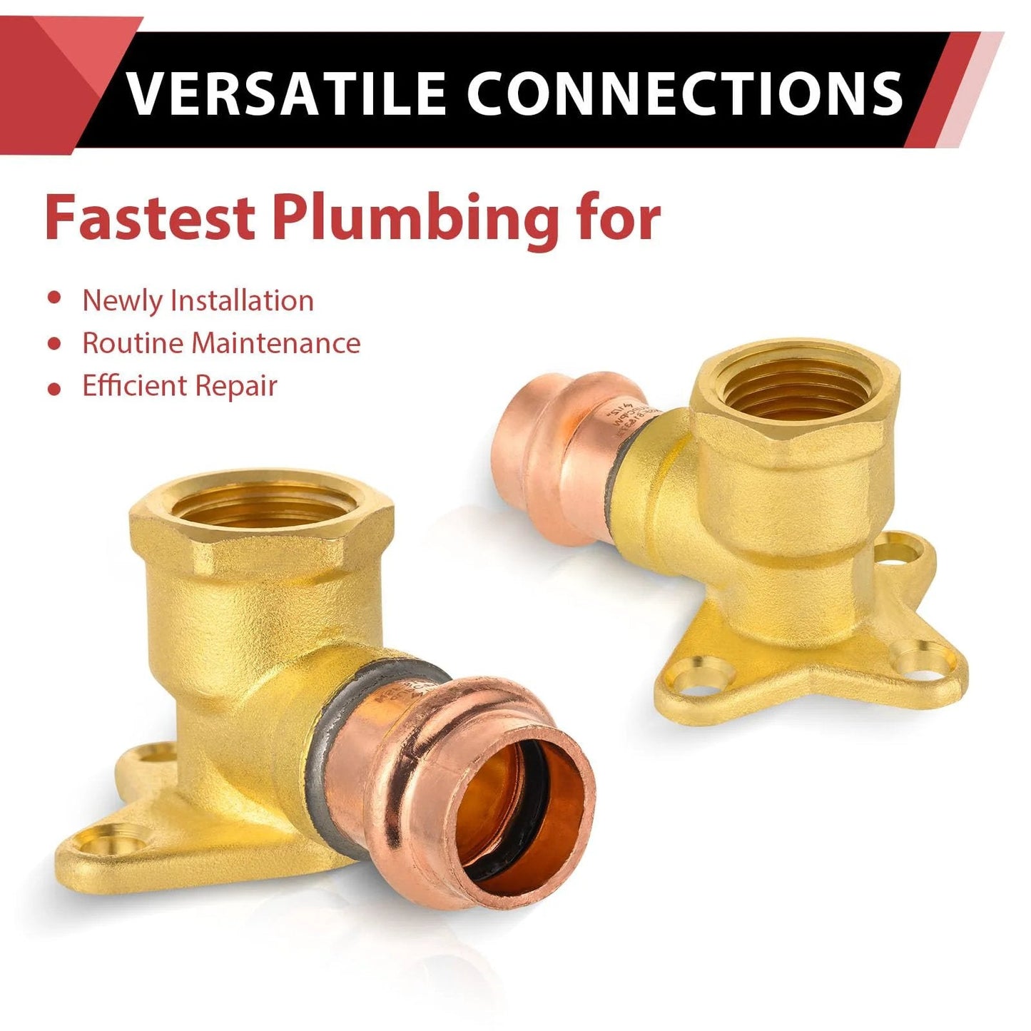 Pack Of Five Half Inch Copper Press Fit To Half Inch Female NPT Drop Ear 90 Degree Elbow Plumbing Fittings LBP Design For Type M L And K Copper Tubing With Quick Connection And Watertight Seal shown in marketing image
