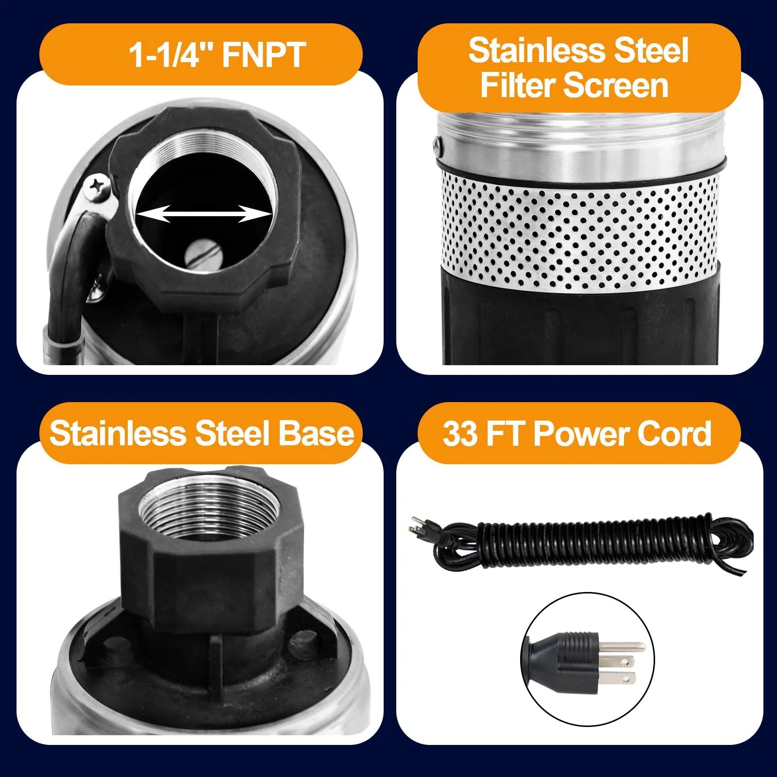 4 Inch Submersible Effluent Pump With Bottom Suction, 1-1/4 FNPT, Stainless Steel Filter Screen and Base, 33Ft Power Cord