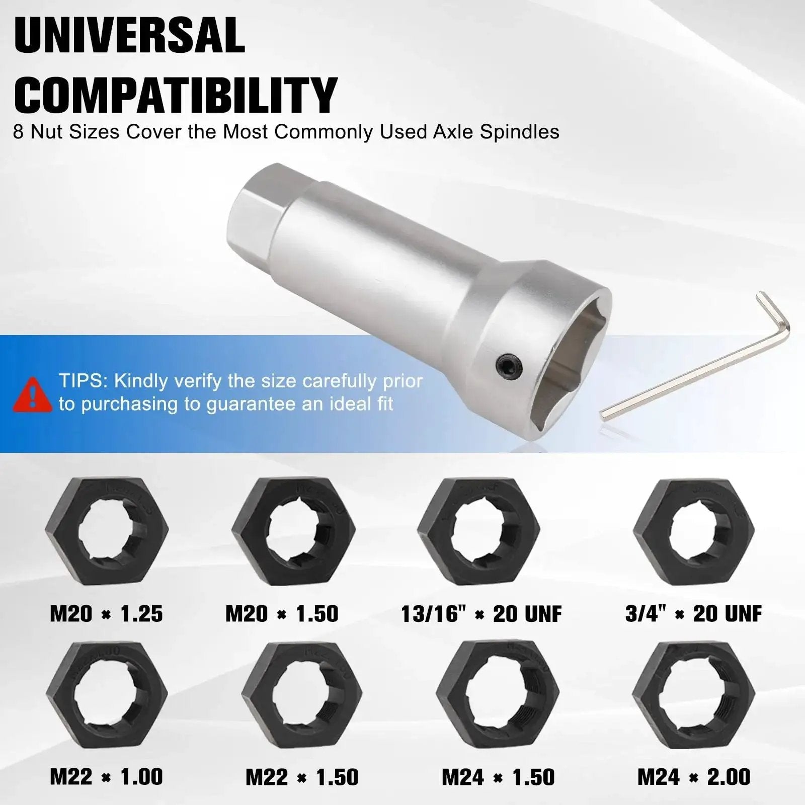 Axle Spindle Thread Chaser Set For Vehicle Axles With 8 Dies And 1-1/16 Inch Extension Bar shown with nut sizes and tool