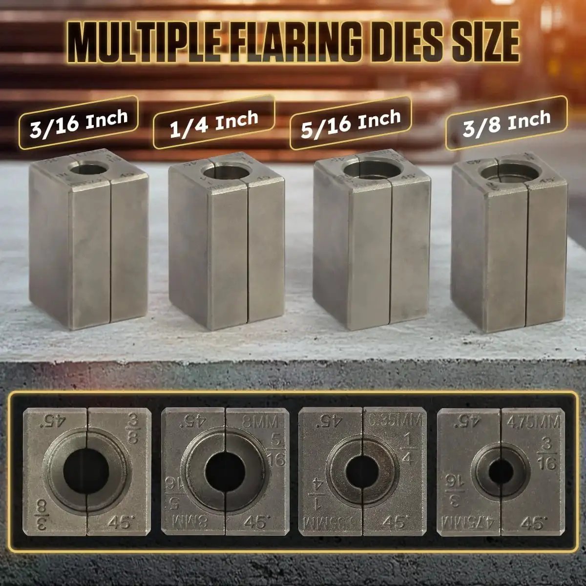 Multiple flaring dies for Brake Flare Tool Kit 45 Degree Single Bubble And Double Flare For 3/16 To 3/8 in various sizes