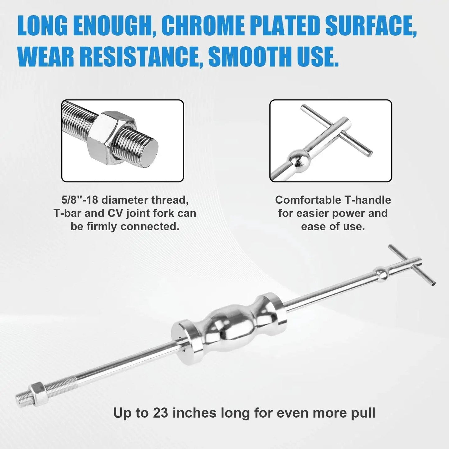 CV Axle Puller Tool With Slide Hammer for Front Wheel Drive Vehicles, chrome-plated, featuring 5/8"-18 thread T-handle for easy use.