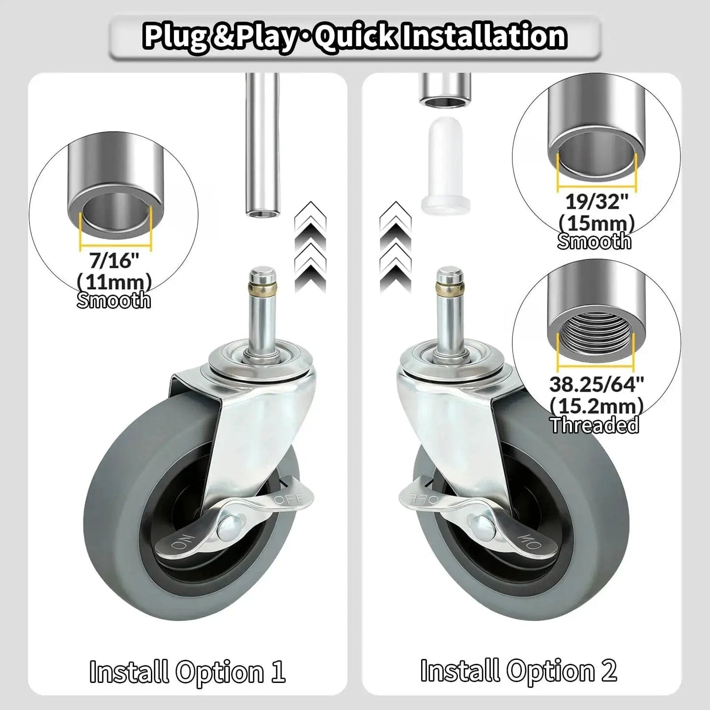 4 Inch Stem Caster Wheels Set Of 4 With Side Brakes Heavy Duty Thermoplastic Rubber Casters installation options diagram