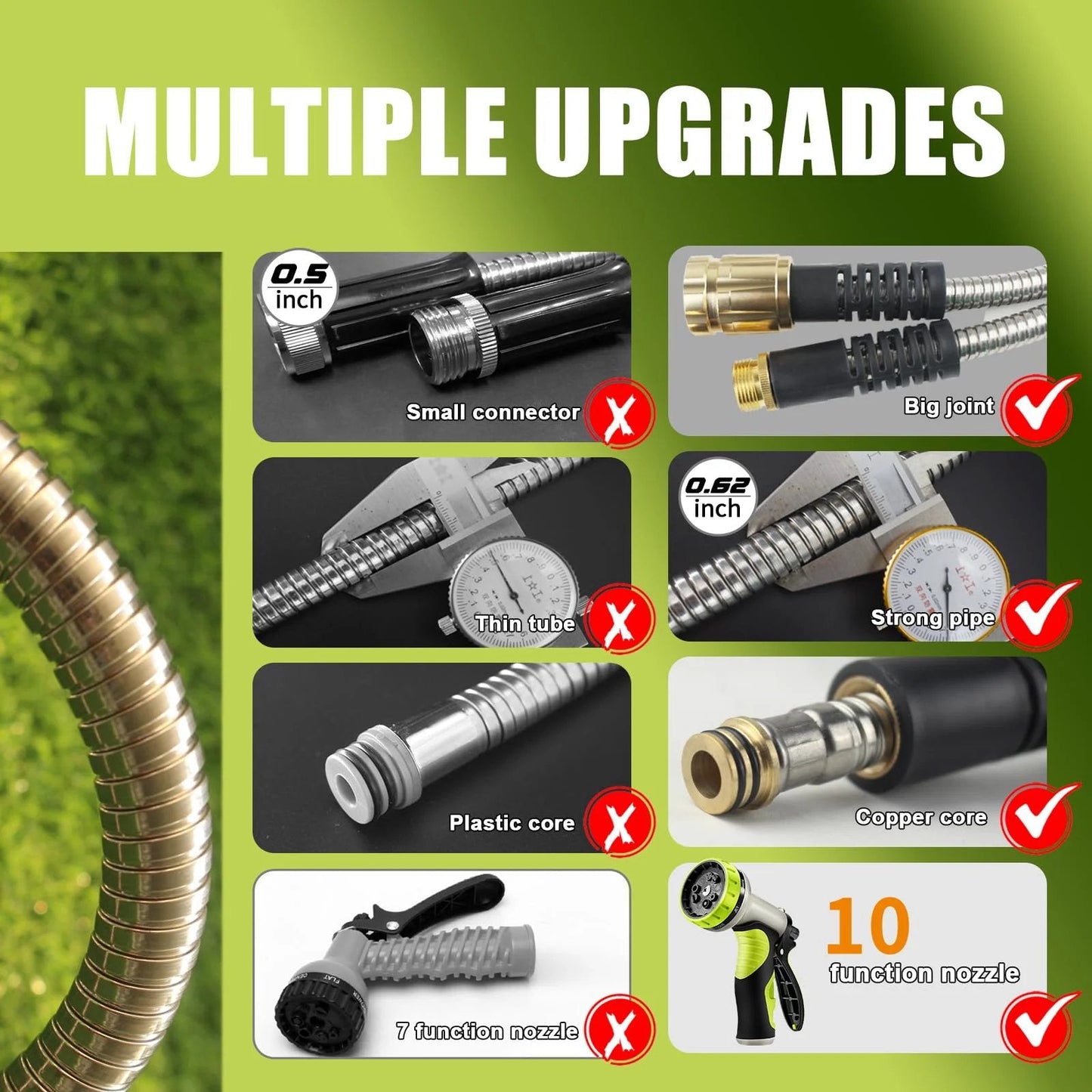 Heavy Duty 50 Ft Stainless Steel Garden Hose With Ten Function Nozzle Flexible No Kink And Lightweight And Durable For Outdoor Use Pressure Resistant Yellow showing small connector and big joint upgrades