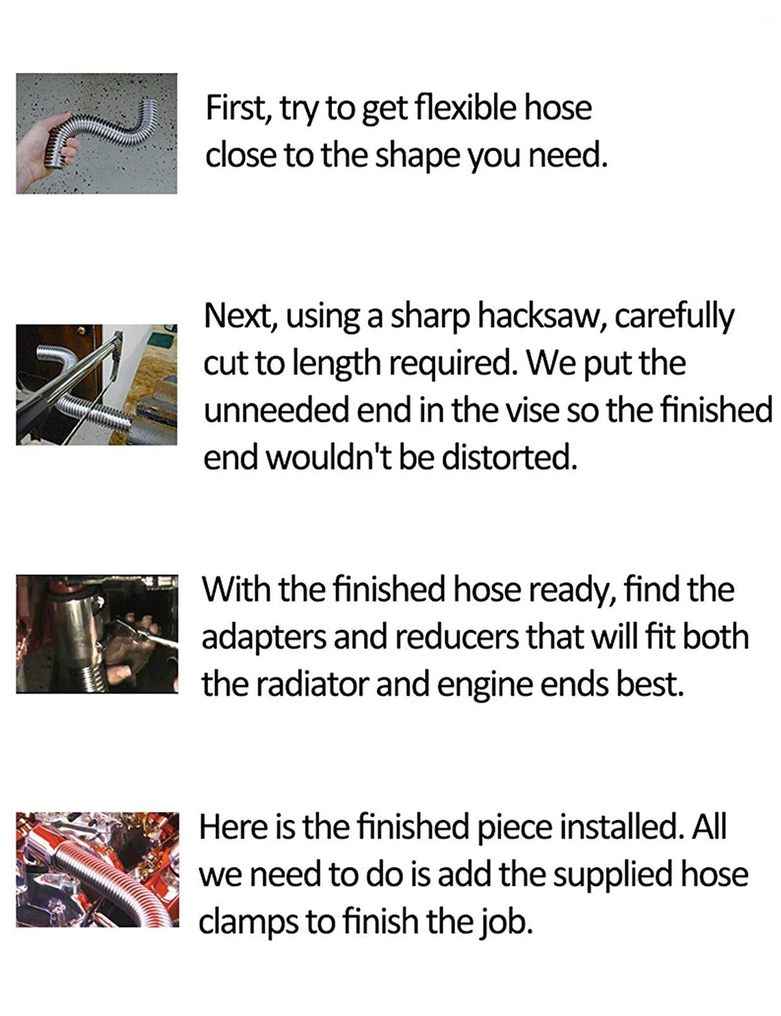 Universal 24 Inch Stainless Steel Radiator Flexible Coolant Hose Kit installation instructions and components.