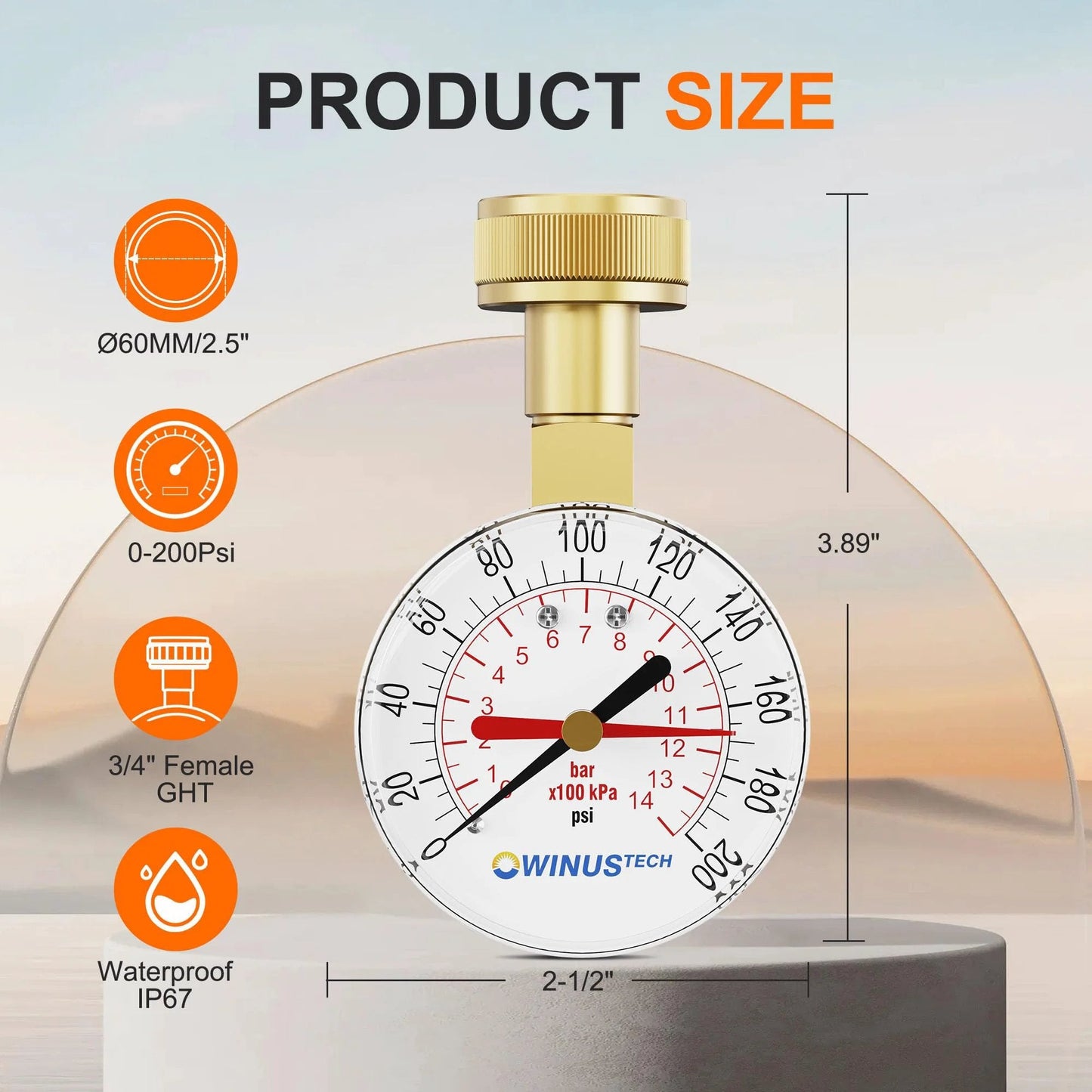 Water Pressure Gauge With Three Quarters Inch Female Connection For Home Use 0 To 200 PSI Range Two And A Half Inch Dial Garden Hose Thread Compatible GHT High Precision For Residential Plumbing showing dial and connection size