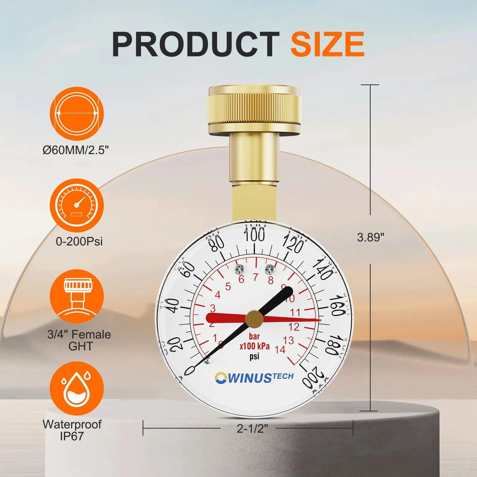Water Pressure Gauge With Three Quarters Inch Female Connection For Home Use 0 To 200 PSI Range Two And A Half Inch Dial Garden Hose Thread Compatible GHT High Precision For Residential Plumbing showing dial and connection size