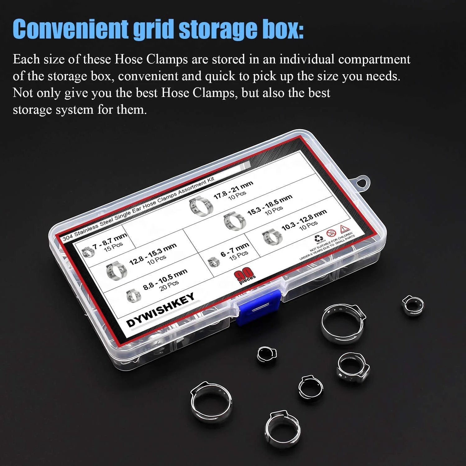 90 Pack Adjustable Hose Clamps 6 To 21mm Single Ear, 304 Stainless Steel Heavy Duty Hose Band Clamps in storage box
