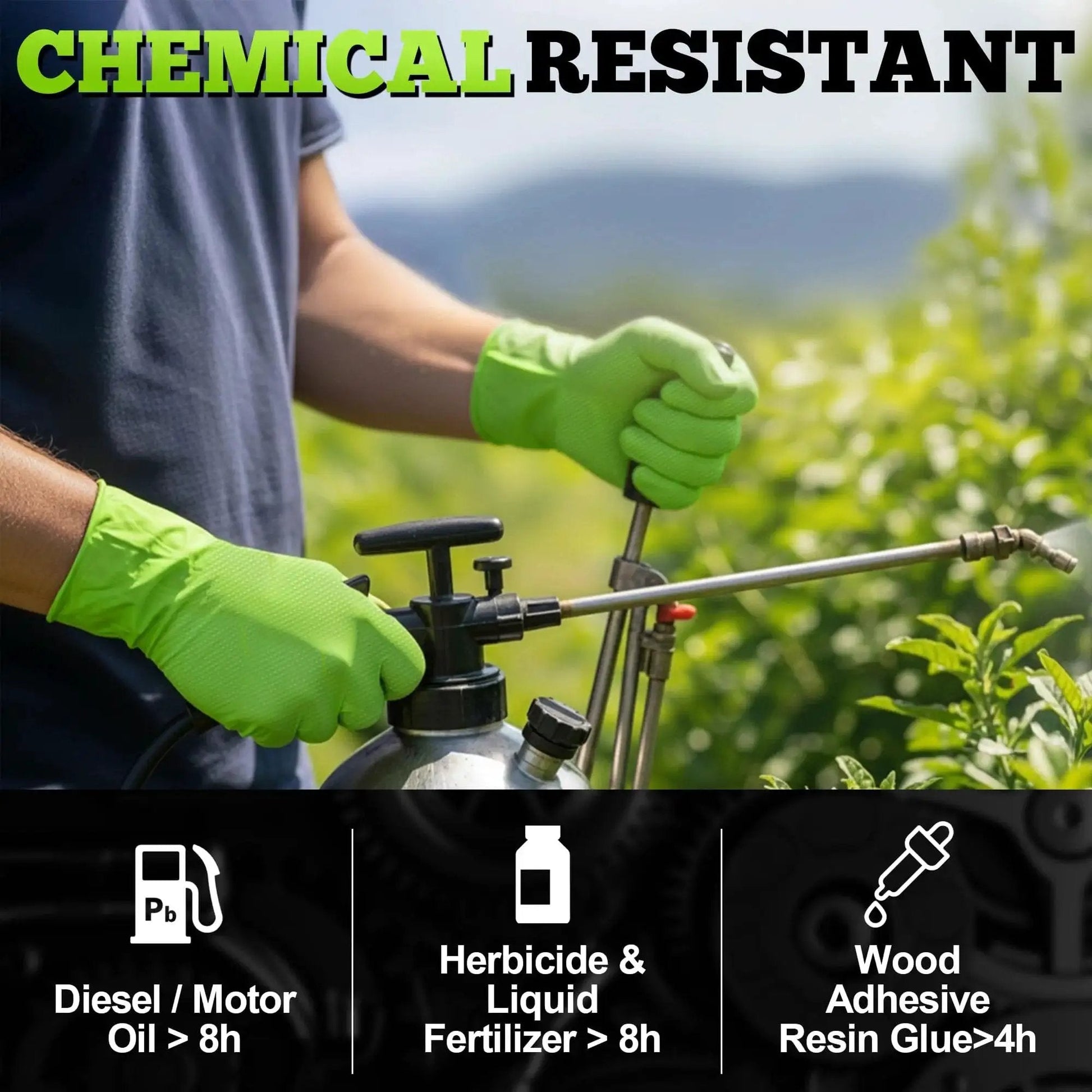 Person spraying outdoors wearing Green Nitrile Gloves 8 Mil Heavy Duty Textured Grip Powder Free Food Safe 100 Ct for chemical resistance
