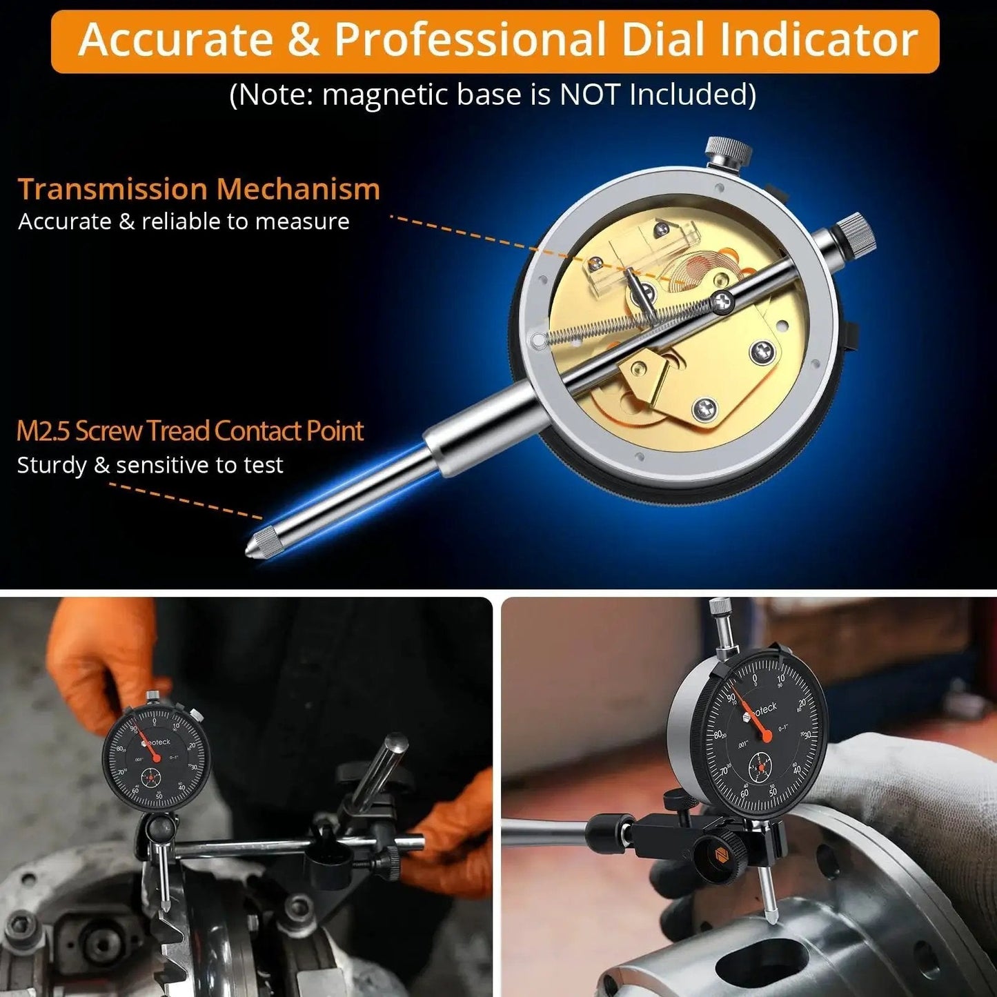 Dial Indicator Gauge 0 To 1 Inch, With 0.001 Inch Resolution, Pro Grade Full Metal Construction, black finish, used on machinery.