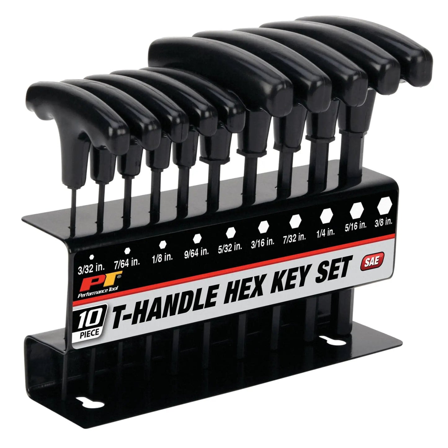 SAE T Handle Allen Wrench Set By Performance Tool 10 Piece Long Arm Hex Keys With Heat Treated Alloy Steel Shafts on rack