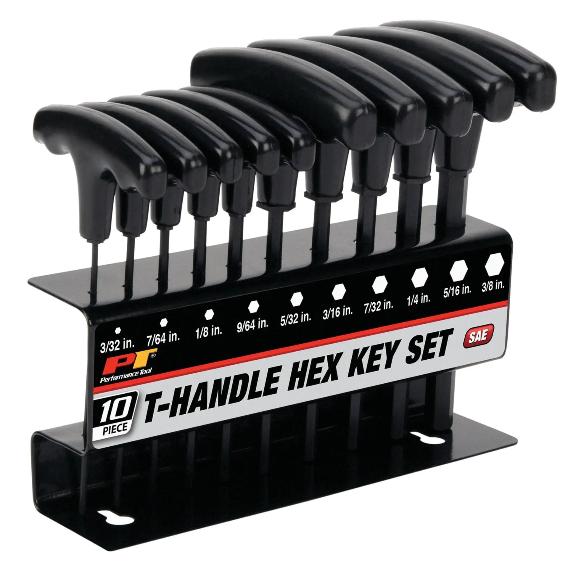 SAE T Handle Allen Wrench Set By Performance Tool 10 Piece Long Arm Hex Keys With Heat Treated Alloy Steel Shafts on rack