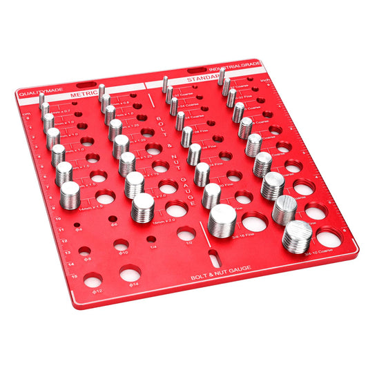 34 Bit Nut And Bolt Thread Checker Kit With 19 Standard And 15 Metric Sizes, Pro Grade, Wall Mounted And Hand Held Thread Gauge Sizing Tool, Nut And Bolt Chart, 8.07 Inch Red