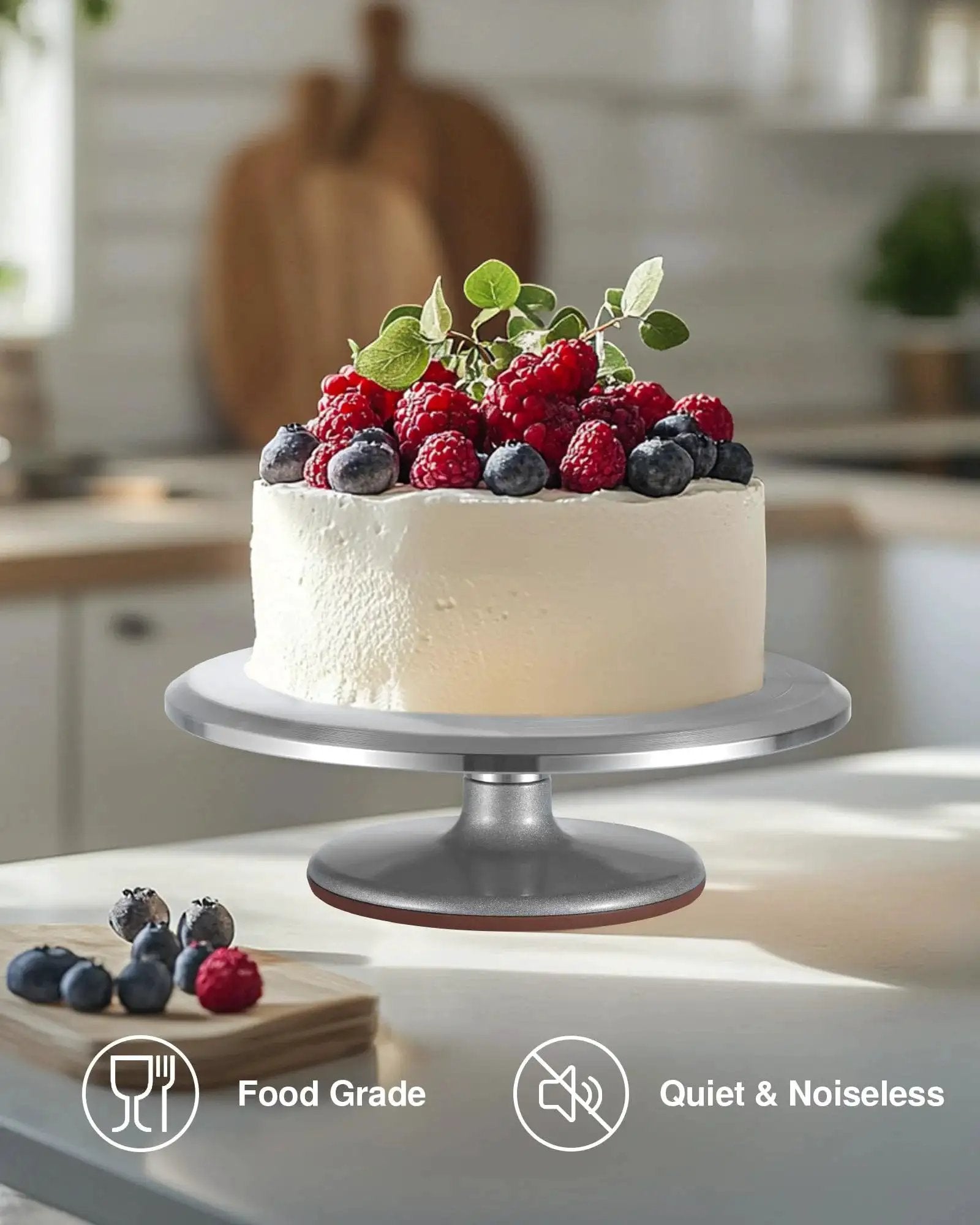 12 Inch Aluminum Alloy Rotating Cake Turntable With Non Slip Silicone Bottom Pro Grade Heavy Duty Revolving Cake Stand displaying decorated cake