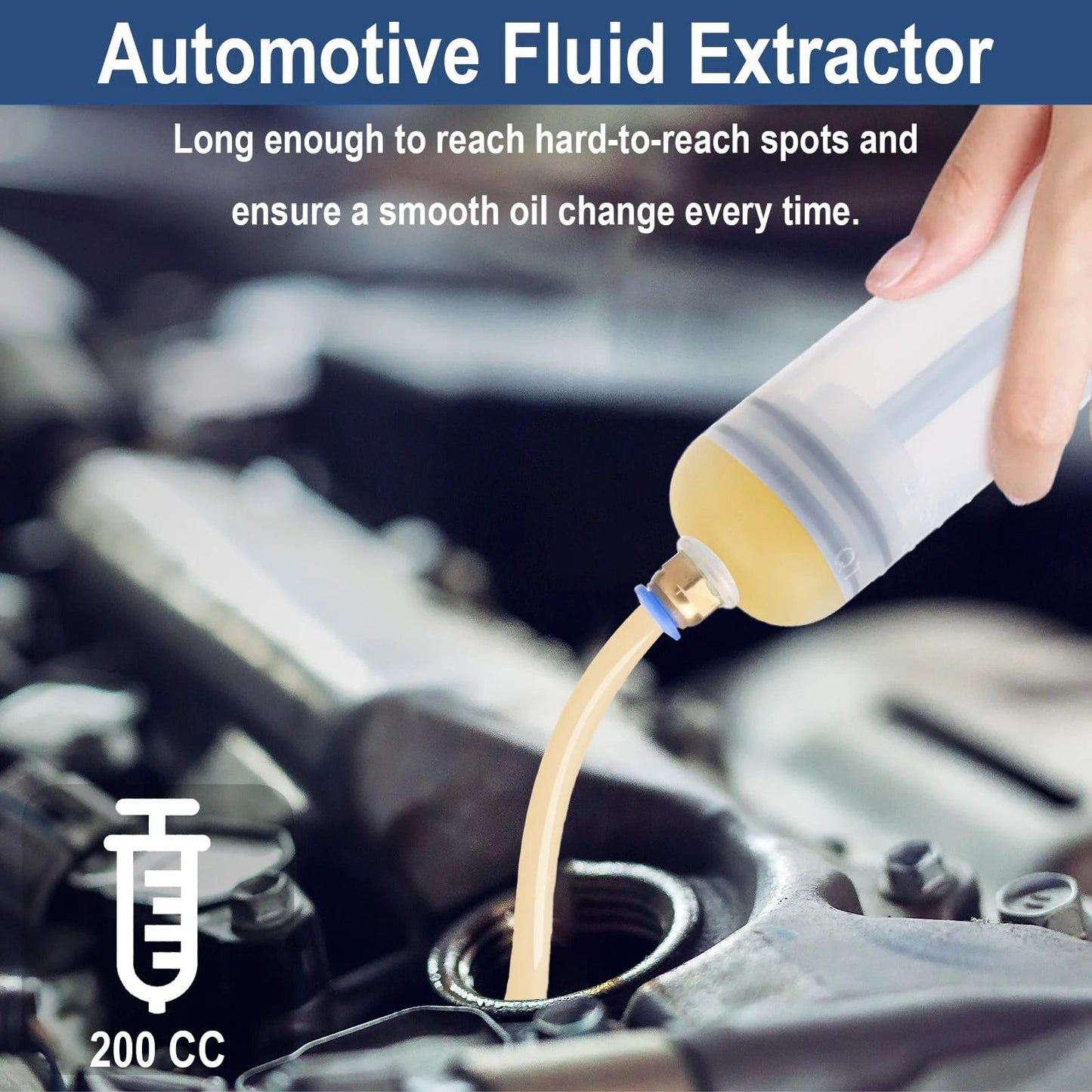 DIY Ready 200cc Fluid Extractor Kit For Quick Oil Changes in use, showing hand operation and 9.2 inch extension tube.