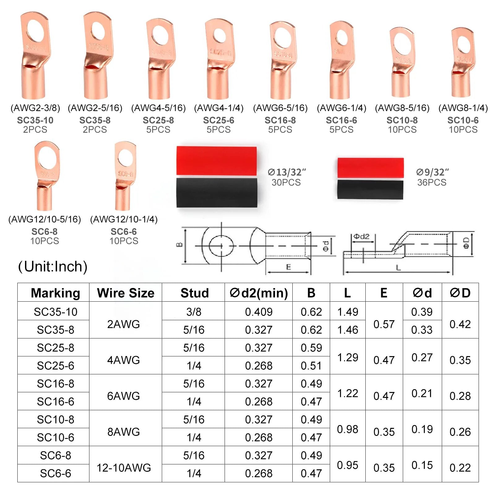 Must Have Copper Wire Lugs And Terminal Connectors Kit With Heat Shrink Tubing 130 Pcs Battery Cable Ends Bare Copper Eyelets And Ring Terminals For AWG 12 Through 2 product diagram