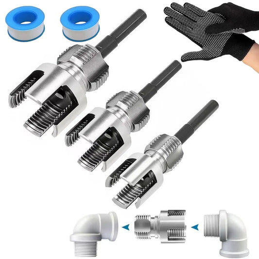 2026 New Pipe Tapping And Threading Tool For PVC Pipes One Half Three Quarter And One Inch Sizes Pro Grade Carbon Steel Dual Function Internal And External Threader Compatible With All Electric Drills Fast And Durable All In One Tool shown with pipe fittings and gloves