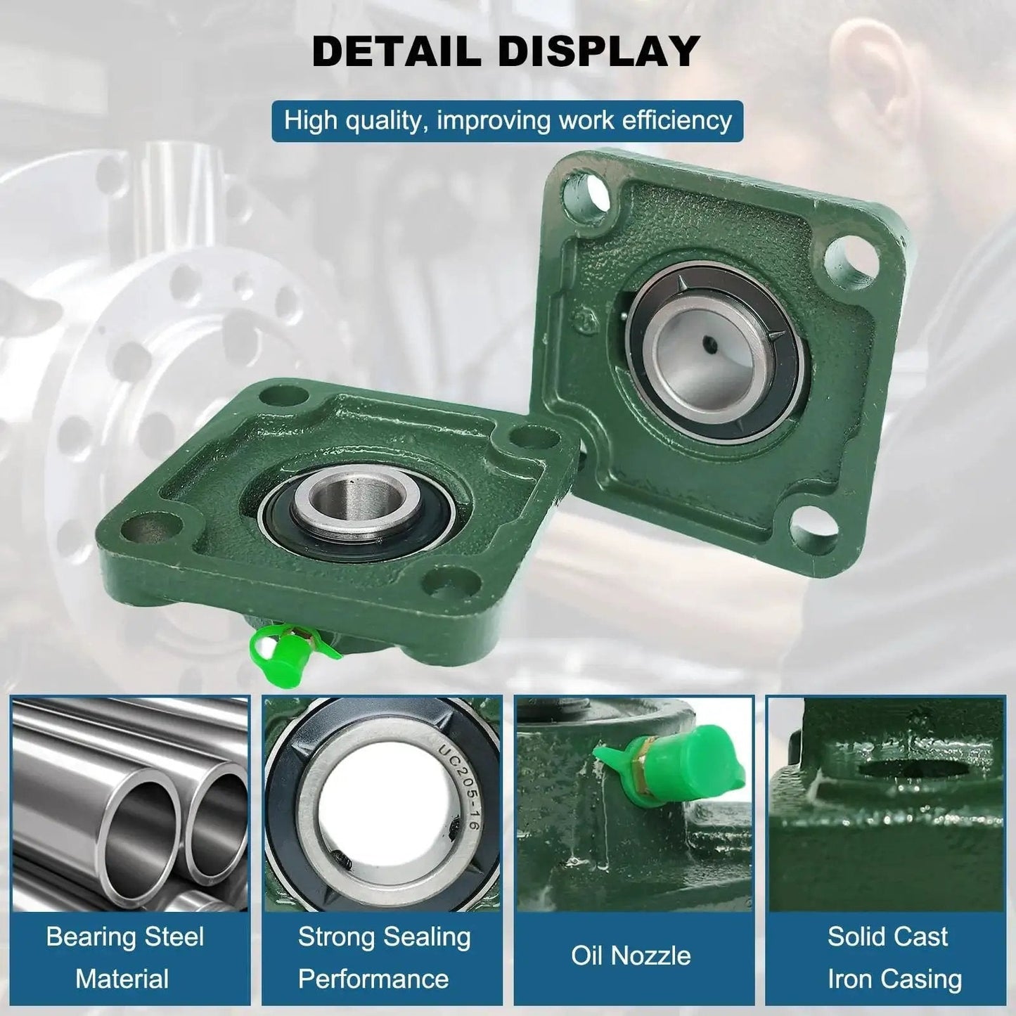 Four Pack UCF205-16 Pillow Block Bearing Set With Square Flange Four Bolt Mount, Bearing Steel Construction, 1 Inch Bore