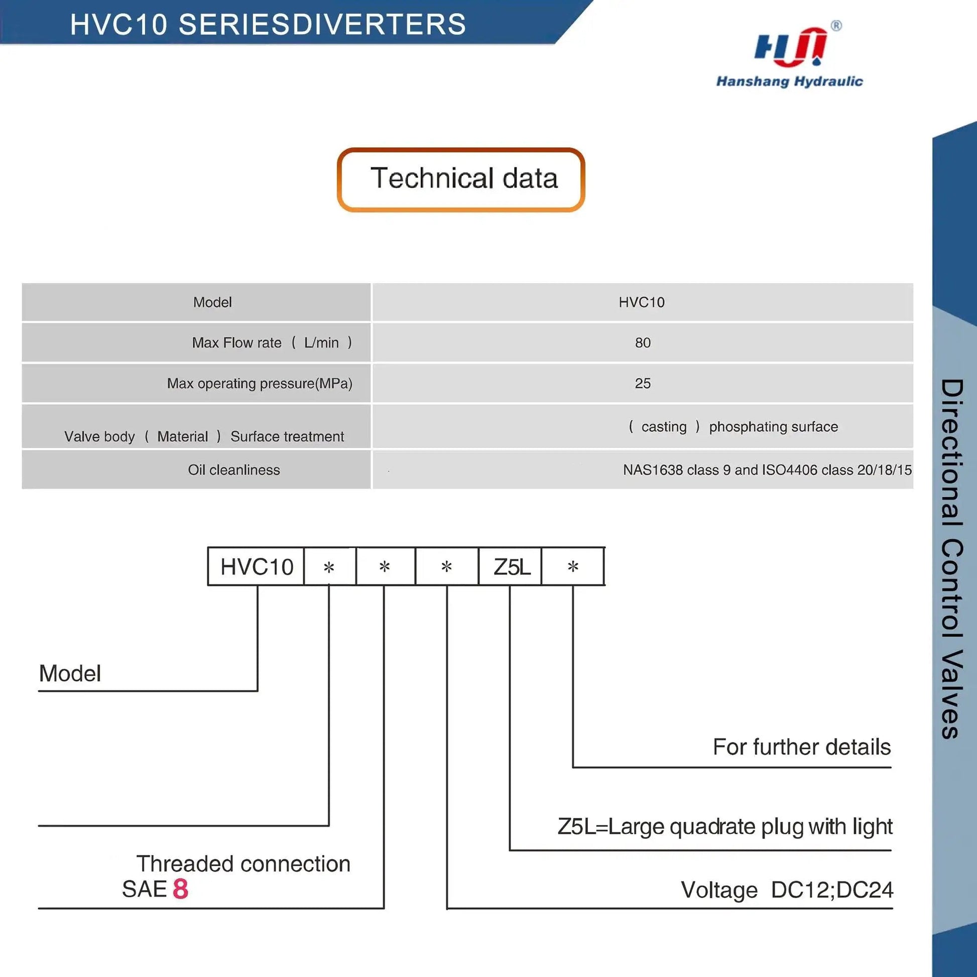 Technical data sheet for Hydraulic Solenoid Selector Diverter Valve 3 Port SAE 8 12V DC, max flow 80 L per min, max pressure 25 MPa