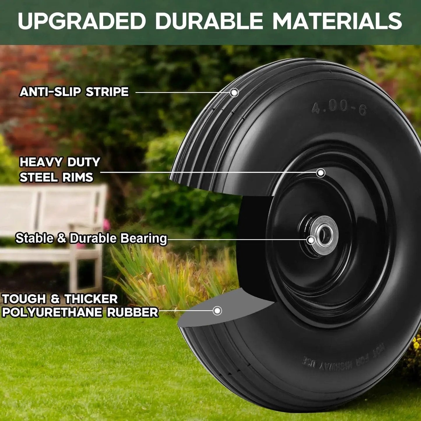 Cutaway view of 13 Inch Solid Flat Free Replacement Tire And Wheel 4.00-6 With Five Eighth Inch Axle Bore for outdoor use