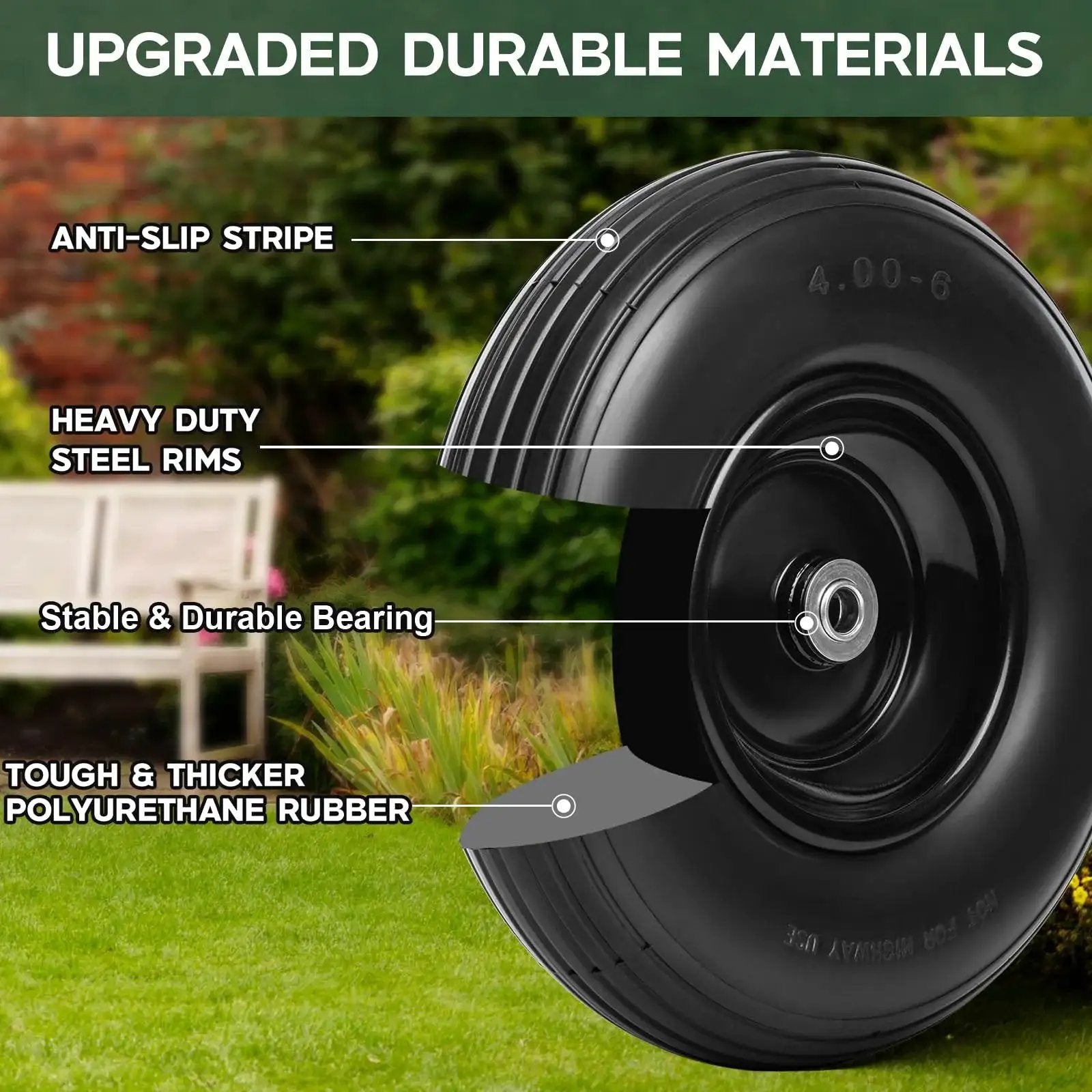 Cutaway view of 13 Inch Solid Flat Free Replacement Tire And Wheel 4.00-6 With Five Eighth Inch Axle Bore for outdoor use