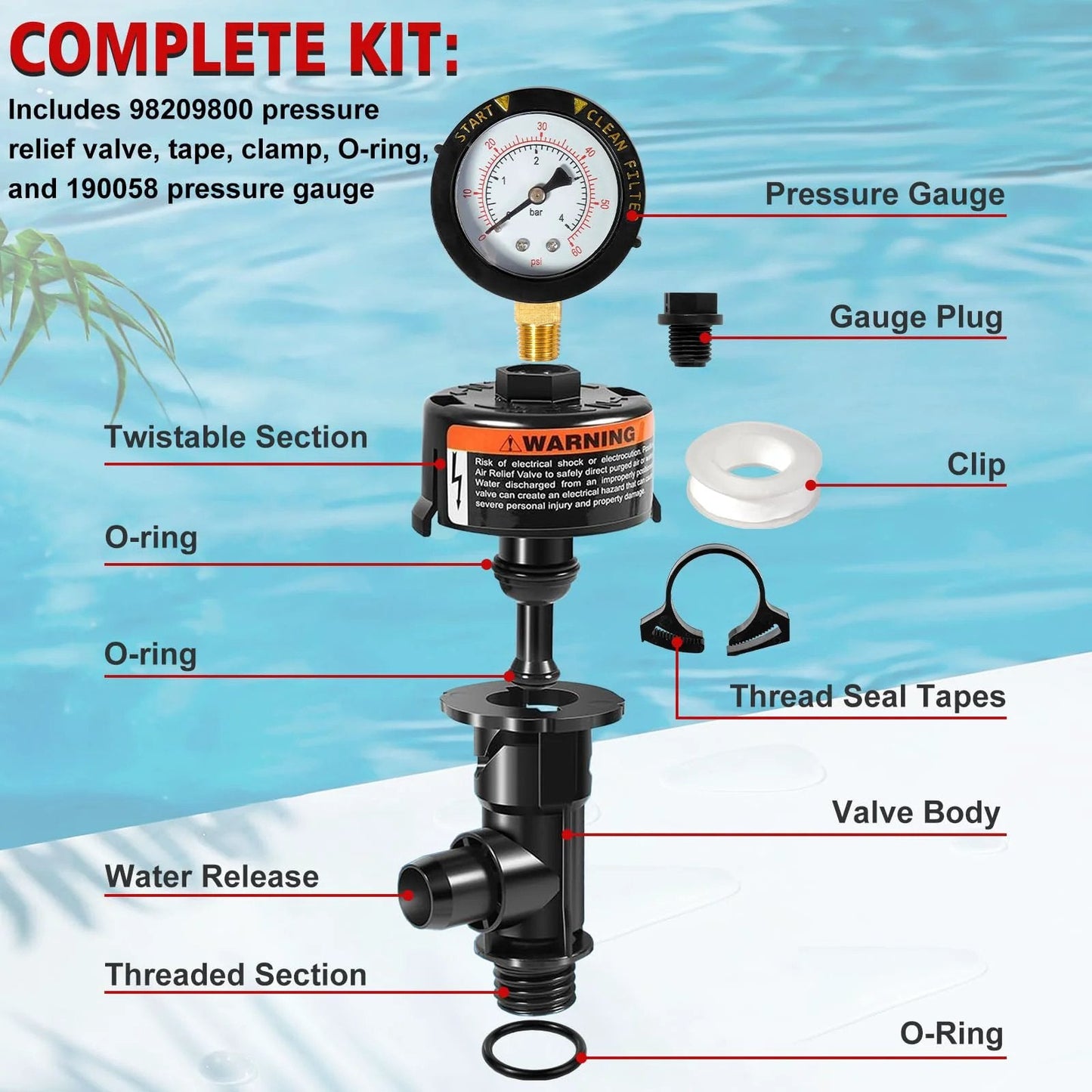 Manual Air Relief Valve Assembly With Pool Filter Pressure Gauge Kit For Pool And Spa Filters Compatible With Pentair Pressure Relief Valve Fit For FNS Clean And Clear Quad DE SMBW 2000 4000 Series showing full kit with gauge, clip, and O-ring