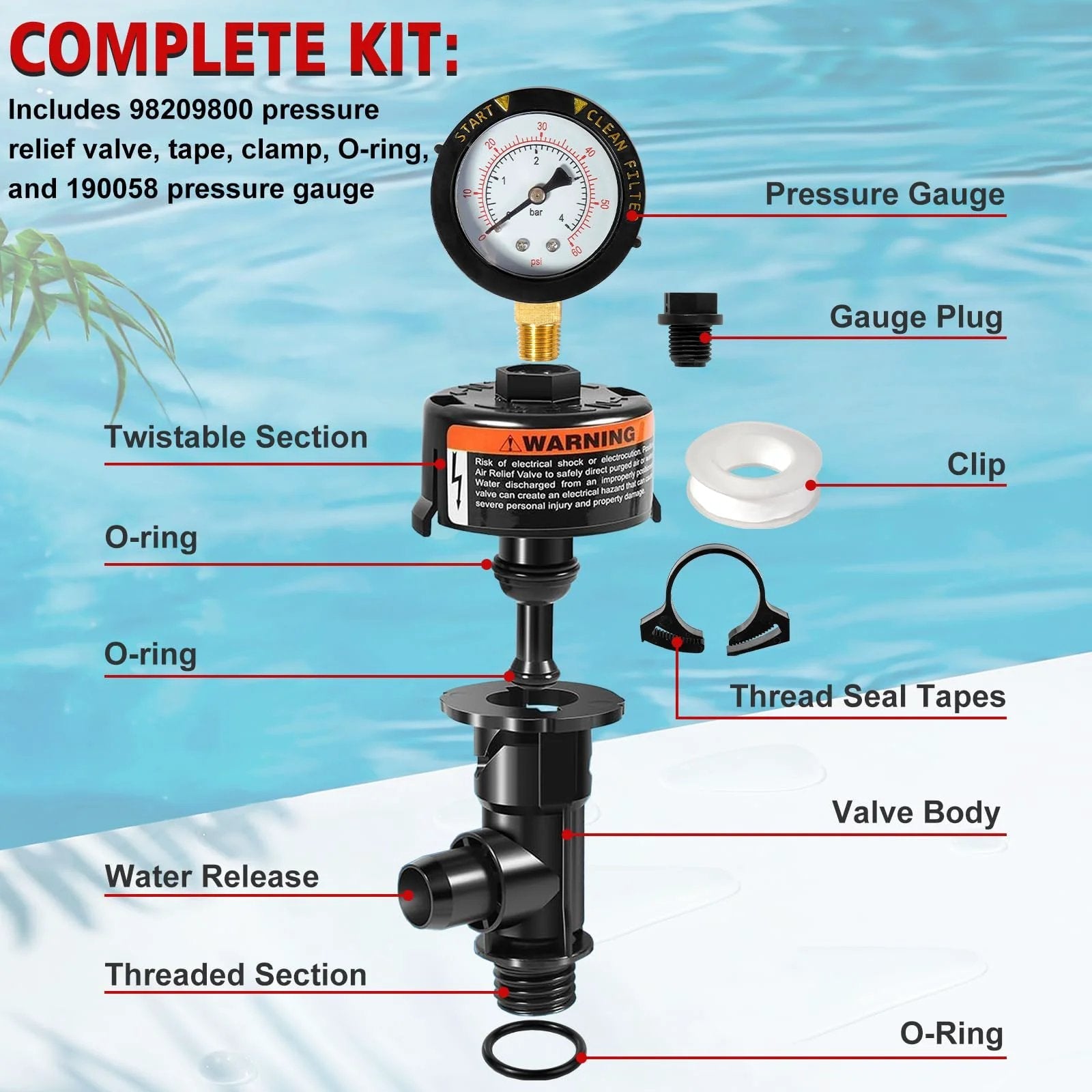 Manual Air Relief Valve Assembly With Pool Filter Pressure Gauge Kit For Pool And Spa Filters Compatible With Pentair Pressure Relief Valve Fit For FNS Clean And Clear Quad DE SMBW 2000 4000 Series showing full kit with gauge, clip, and O-ring