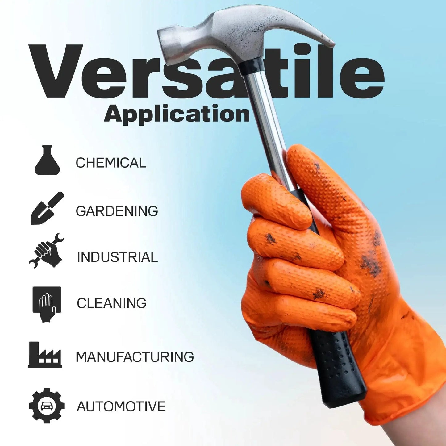 Diamond Texture Nitrile Gloves With Superior Grip And Puncture Resistance, holding a hammer, showcasing versatility in various applications