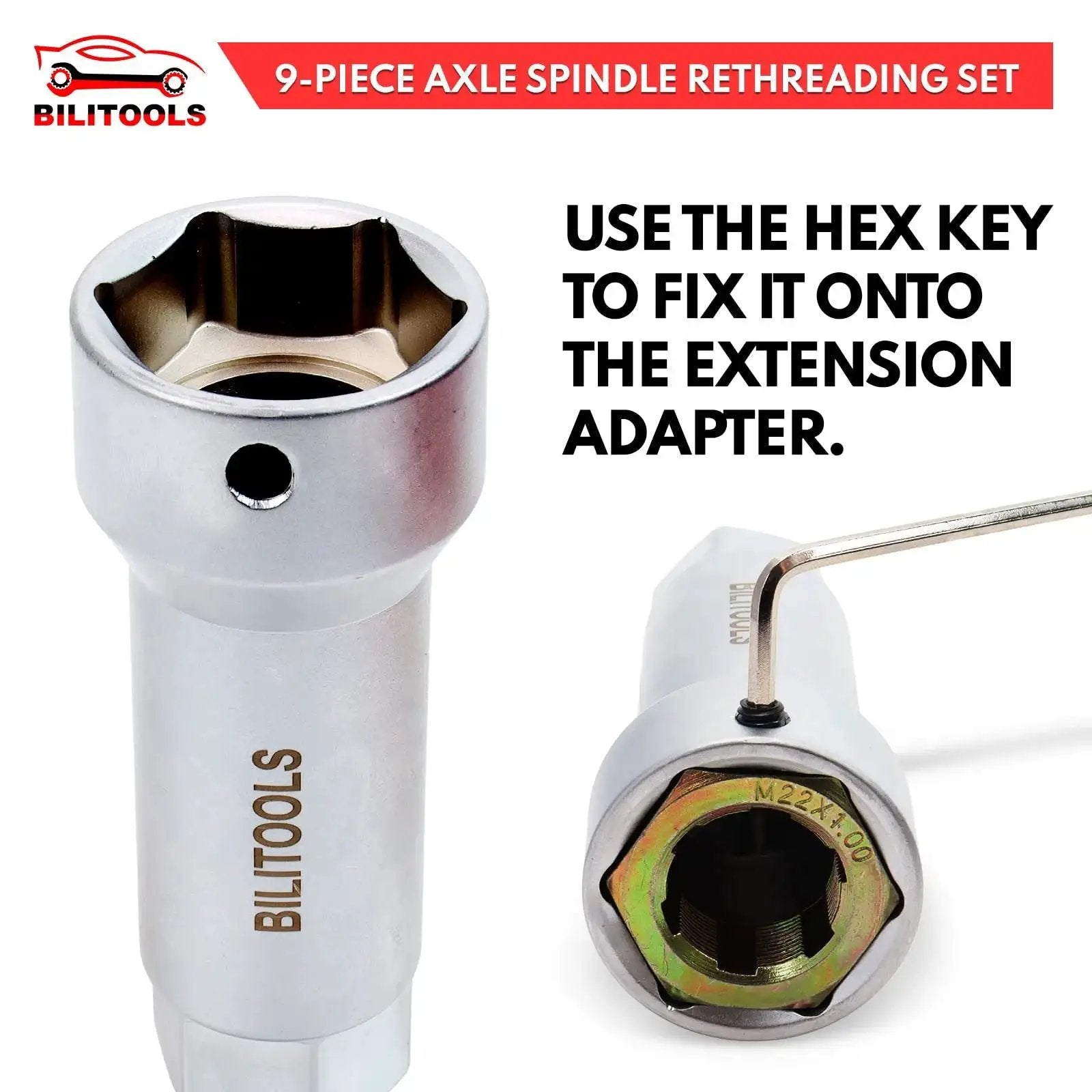 Axle Spindle Thread Repair Kit With 10-Piece Wheel Stud Thread Chaser Set For Metric M20 M22 M24 And UNF visible with hex key and adapter.