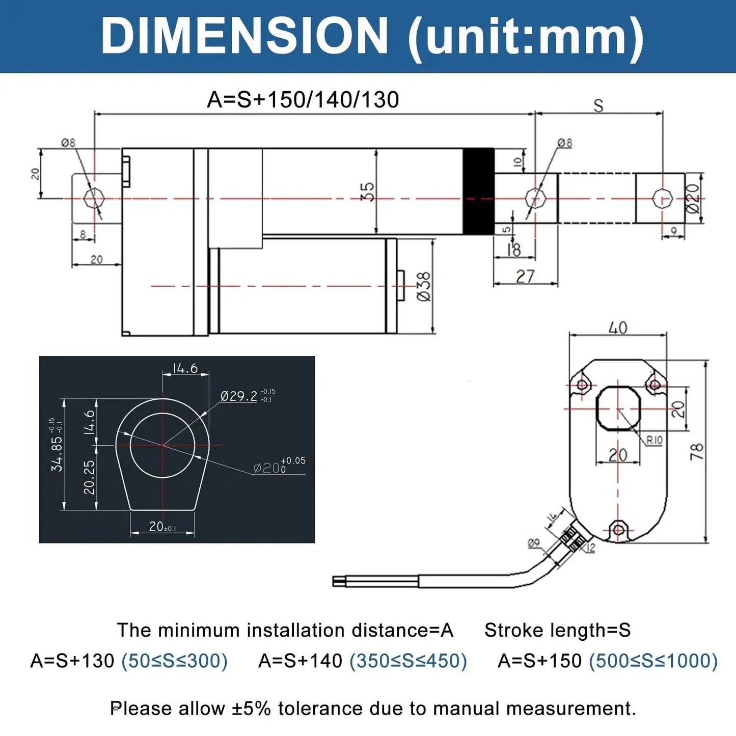 Diagram showing the dimensions of a powerful 12V DC linear actuator with a 4 inch stroke and 660 lb thrust, IP65 rated, with measurements in mm.
