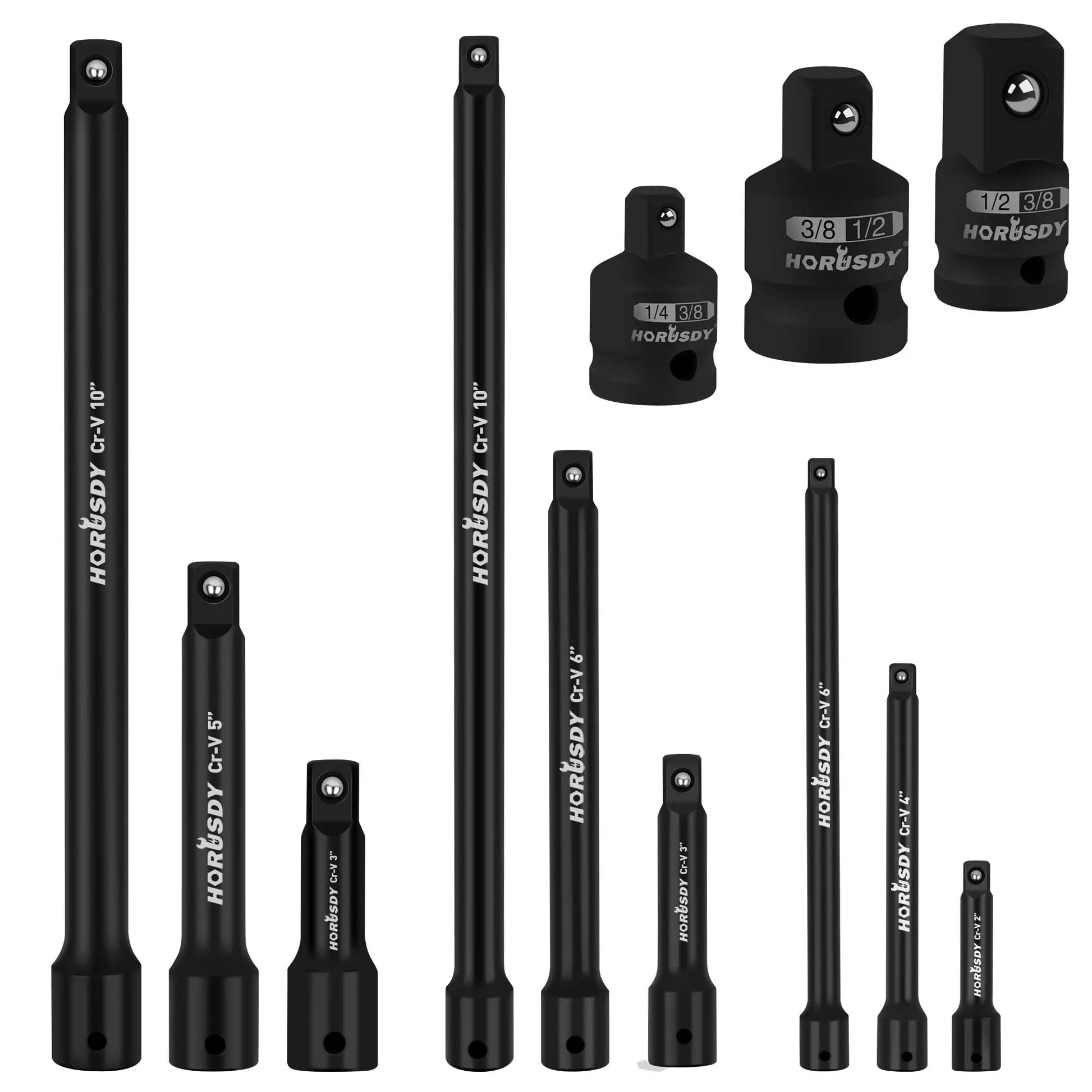 Heavy Duty 12-Piece Socket Extension Set For Impact Drive, Includes 1/4, 3/8 And 1/2 Inch Adapters And 9 Impact Extensions In 2, 4, 6, 3, 6, 10 Inch Lengths, CR-V Steel With Sturdy Storage Tray