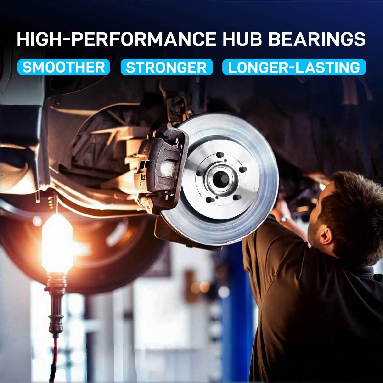 Technician installing front wheel hub bearing assembly 2-pack for Chevy Impala 2000-2011, Uplander; Pontiac Grand Prix 1997-2008.