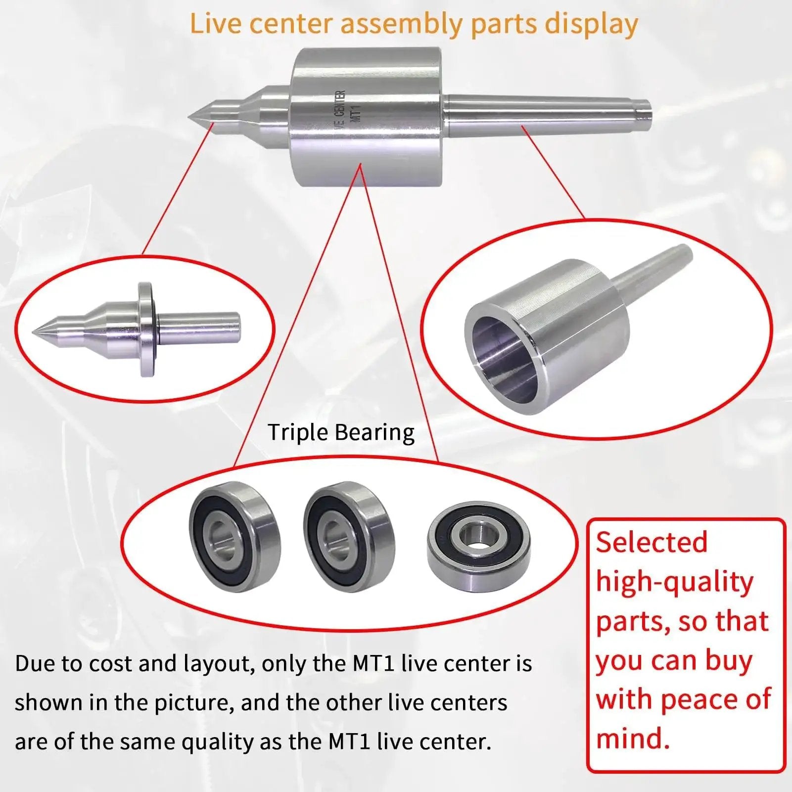 MT2 Live Center Long Nose 60 Degree With Triple Bearing Medium Duty Lathe Center assembly parts display