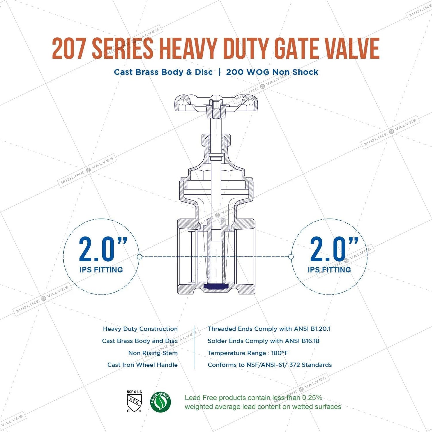 Diagram of Heavy Duty Gate Valve With Wheel Handle 429U224 Midline Valve Lead Free Cast Brass Water Shutoff For 2 Inch FIP Connections