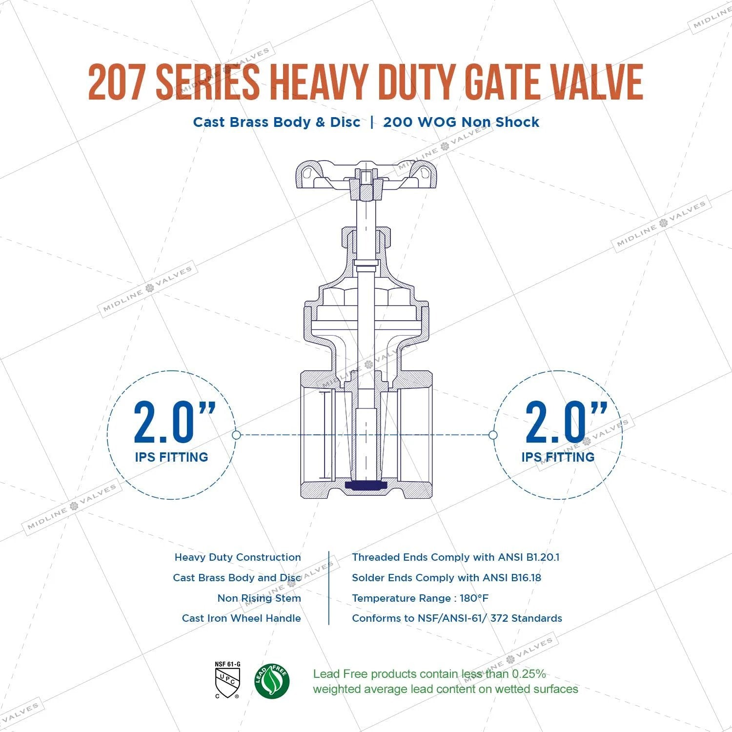 Diagram of Heavy Duty Gate Valve With Wheel Handle 429U224 Midline Valve Lead Free Cast Brass Water Shutoff For 2 Inch FIP Connections