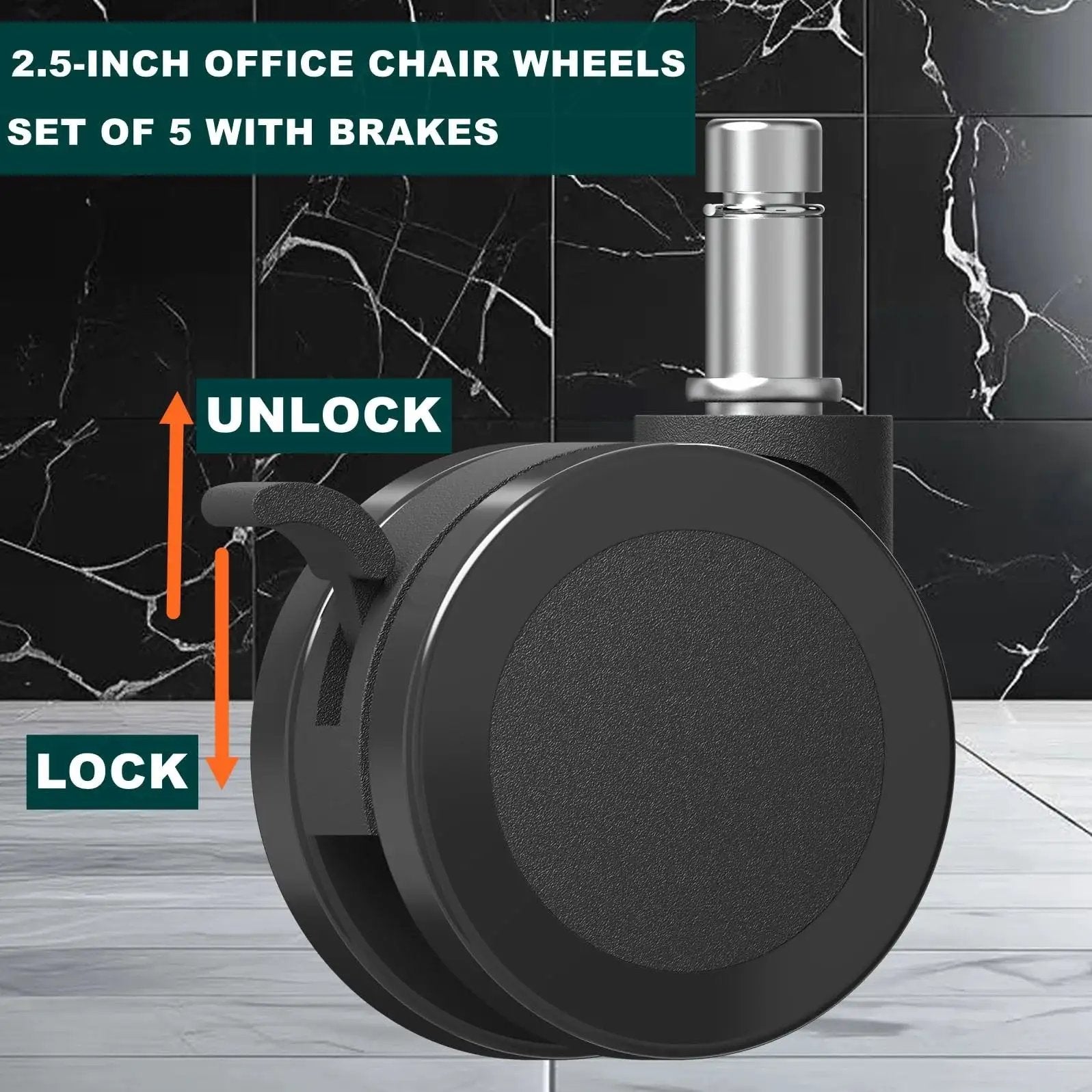 Office Chair Wheels With Brakes 2.36 Inch Diameter Locking Caster Replacement Set Of Five For Carpet And Hardwood Floors