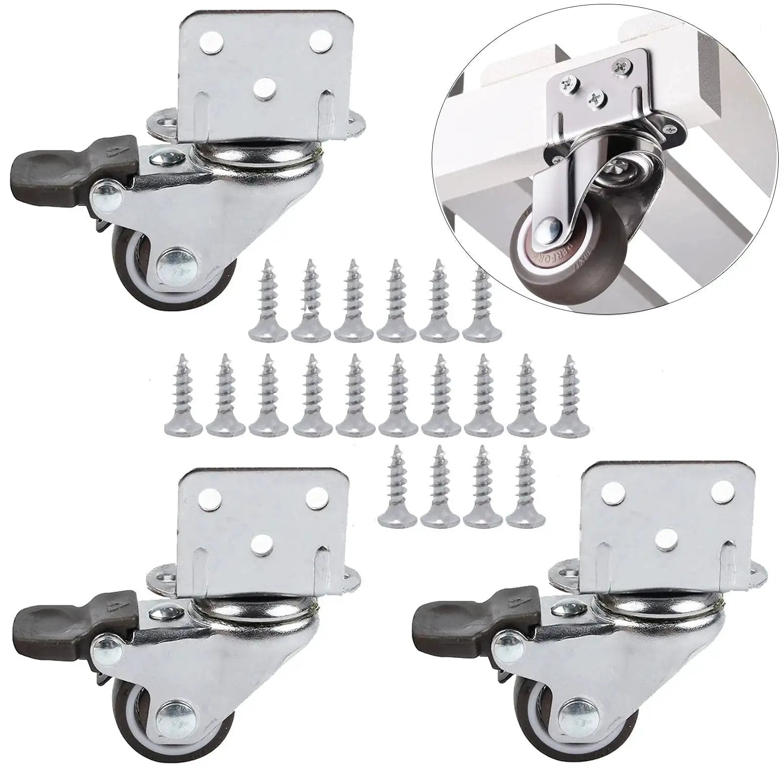 1 Inch Swivel Plate Casters With Brake, L Bracket Side Mount, TPR Rubber Quiet Mute Casters For Furniture Replacement, with screws