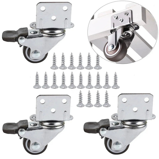 1 Inch Swivel Plate Casters With Brake, L Bracket Side Mount, TPR Rubber Quiet Mute Casters For Furniture Replacement, with screws