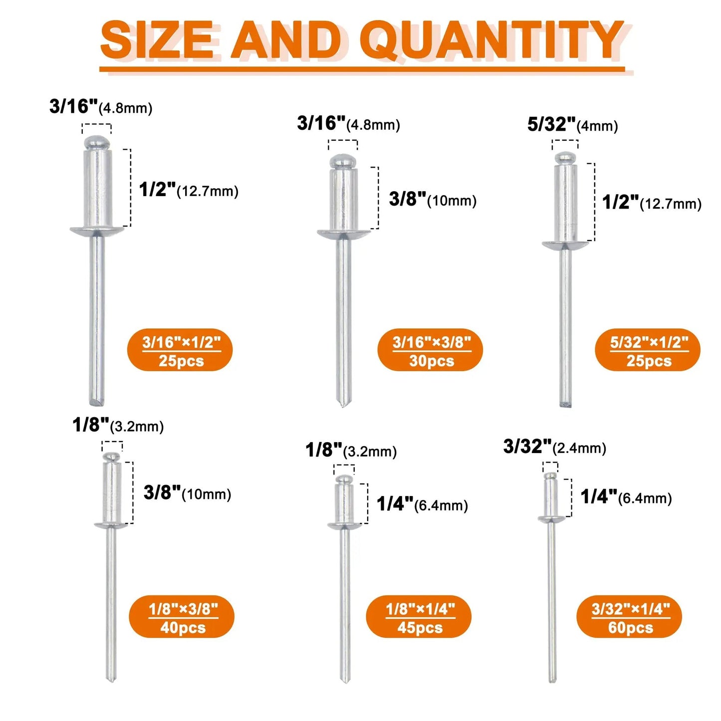 225 Piece Aluminum Blind Rivets Assortment Kit With Heavy Duty Hand Riveter Gun Tool 6 Sizes Pop Rivets For Metal Plastic And Auto Truck Repairs DIY Friendly Corrosion Resistant Aluminum Rivets And Steel Mandrel, showing sizes and quantities of rivets